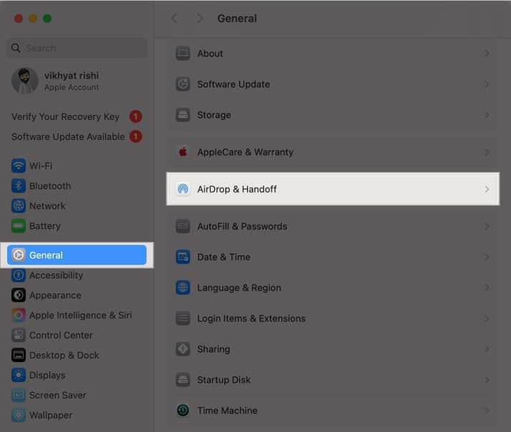 AirDrop & Handoff option in macOS System Settings on a Mac.