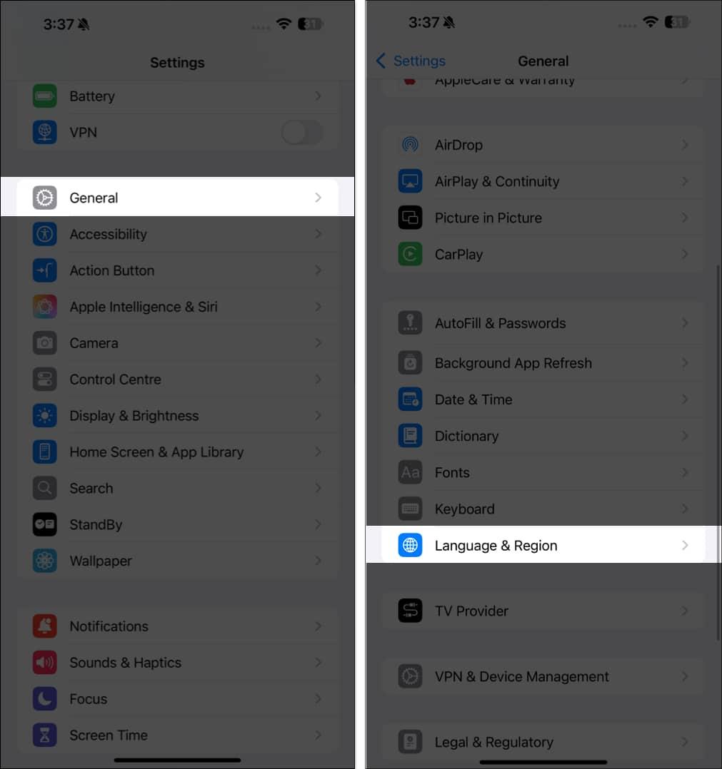 Accessing the Langauge & Region page in iPhone Settings app.