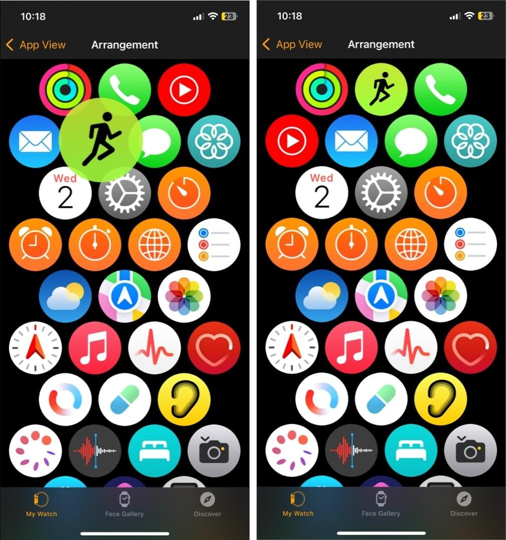 Rearranging apps in the Watch app on an iPhone.
