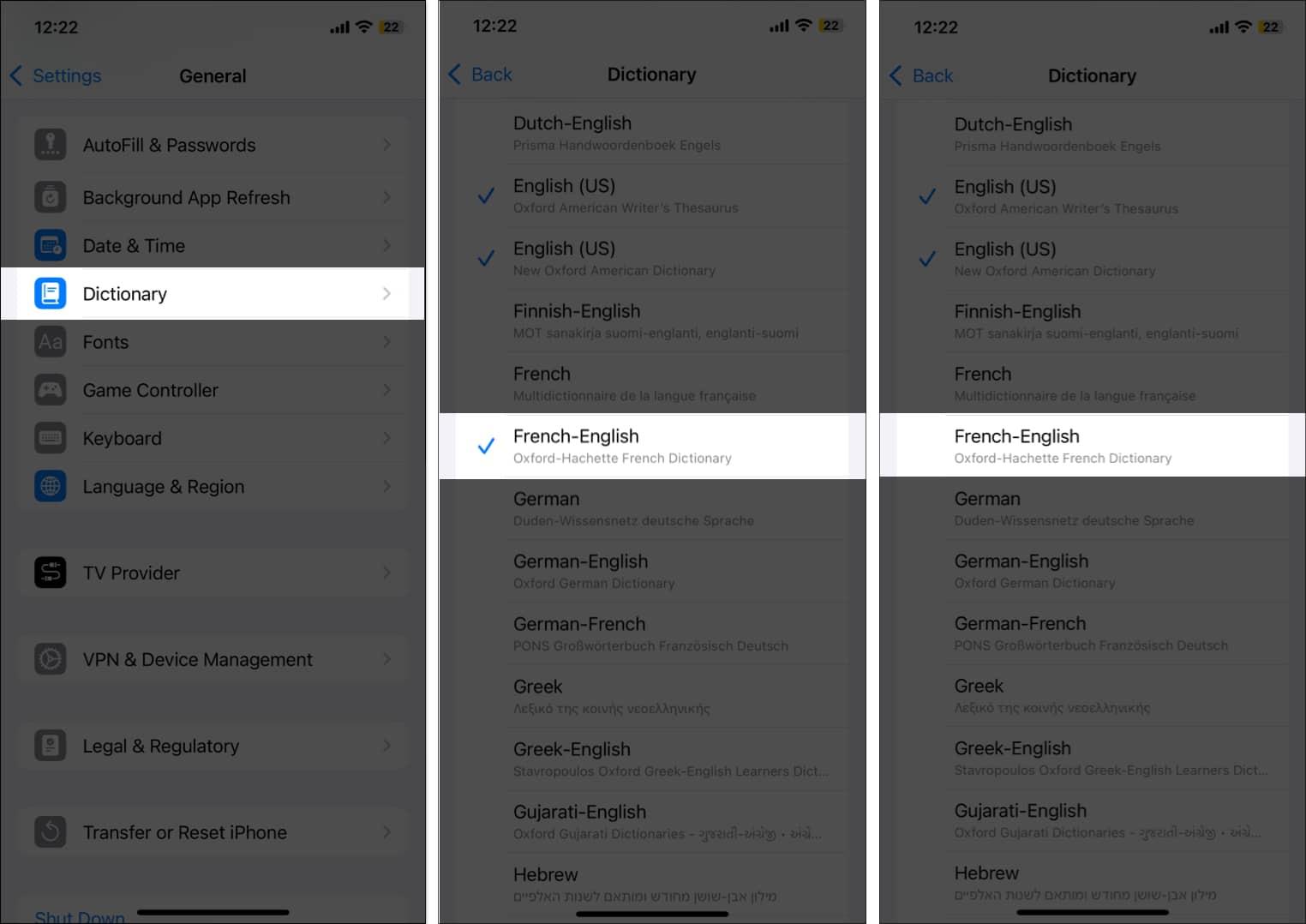 Removing a dictionary in iPhone Settings app.