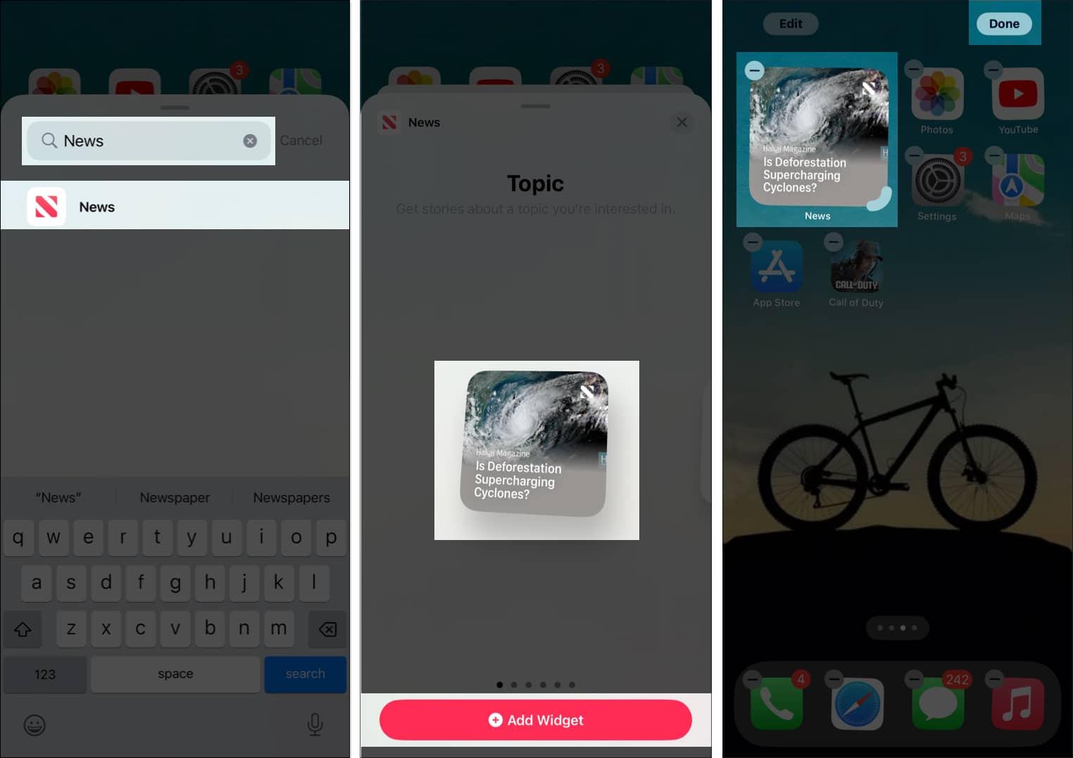 Choosing and selecting an Apple News widget for the iPhone Home Screen.