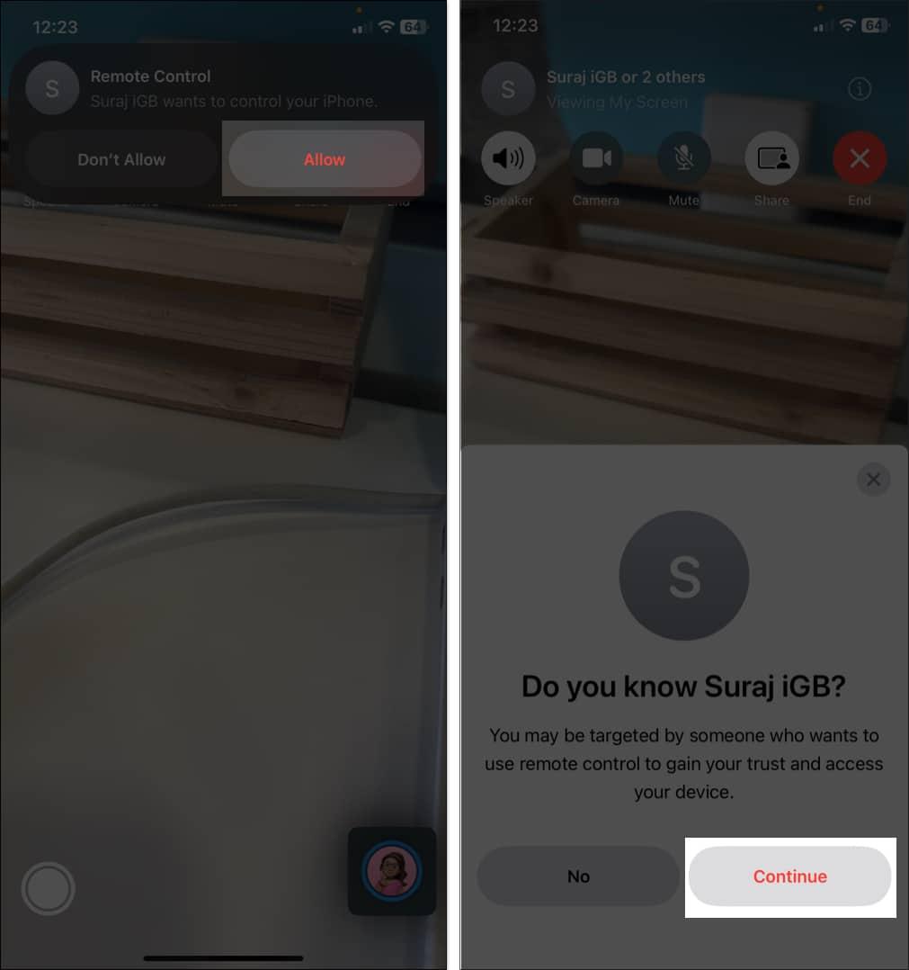 Allowing a contact remote control access to iPhone over FaceTime.