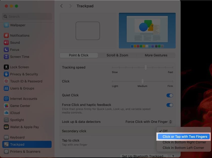 Select Click or Tap with Two Fingers from drop down menu.