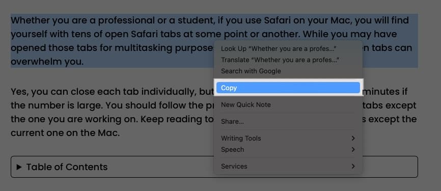 Select Copy option.