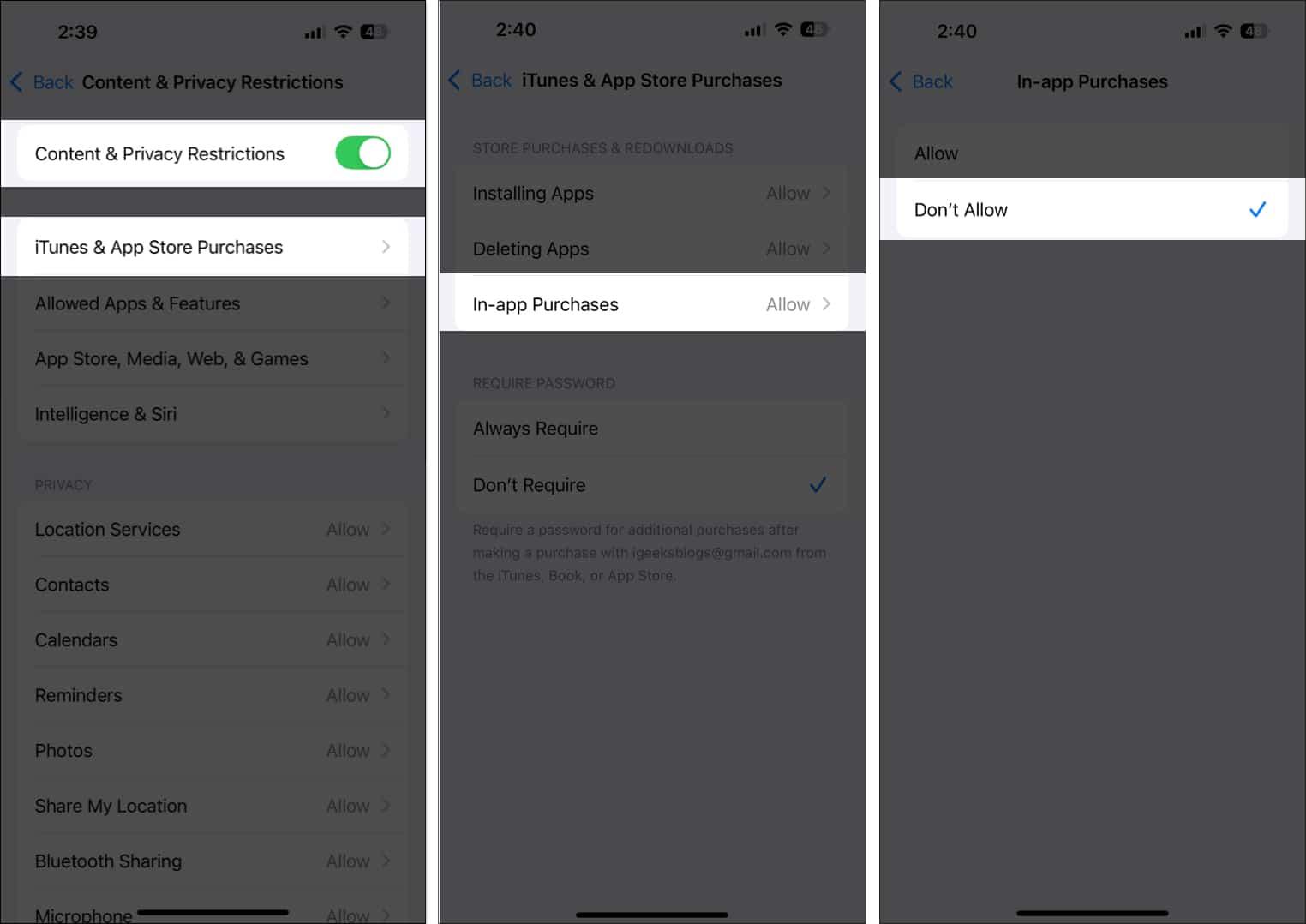 Select Dont Allow option for In-app Purchases in iTunes App Store Purchases settings on iPhone.