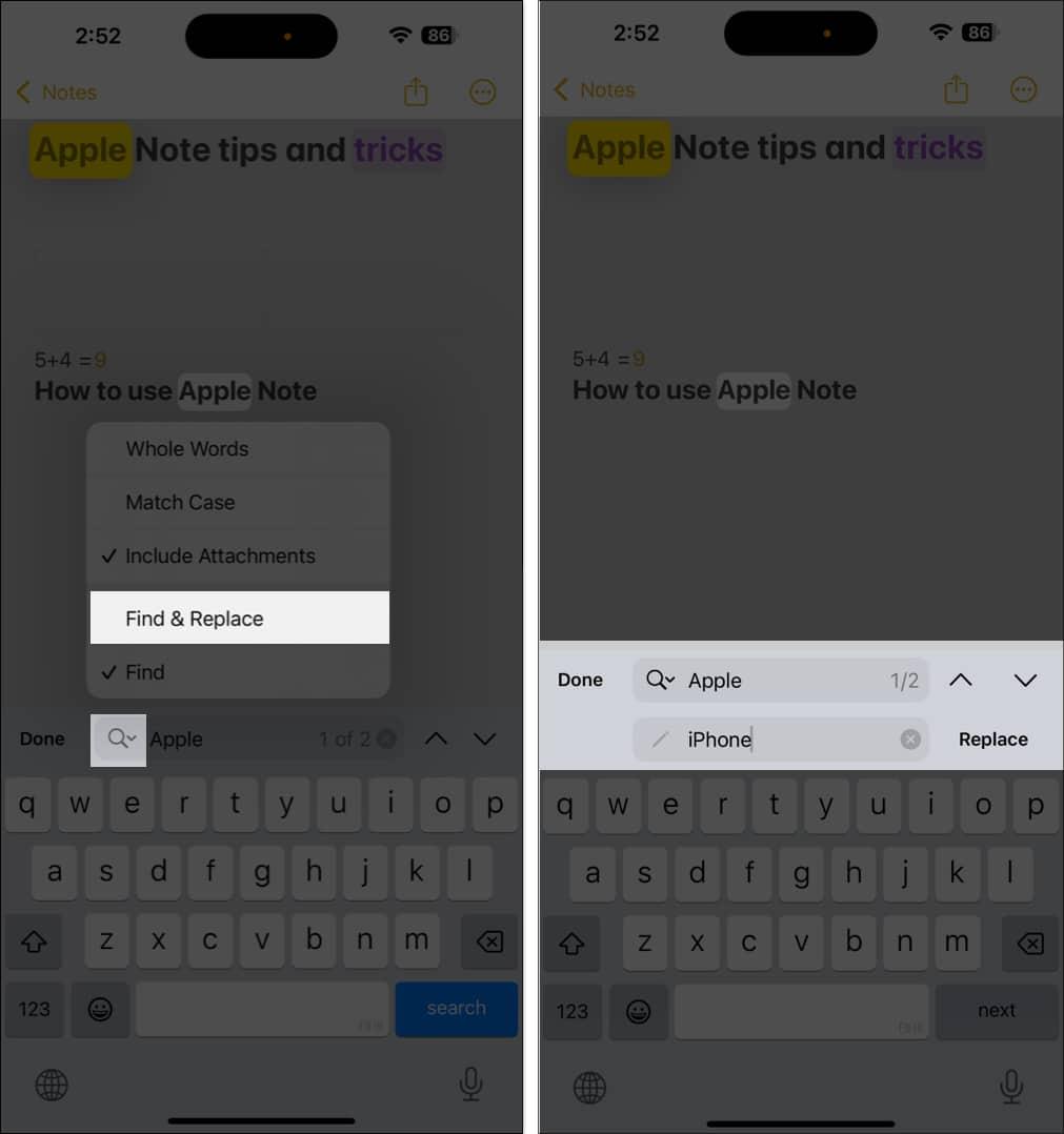 Finding and replacing a word in the Apple Notes app on an iPhone.