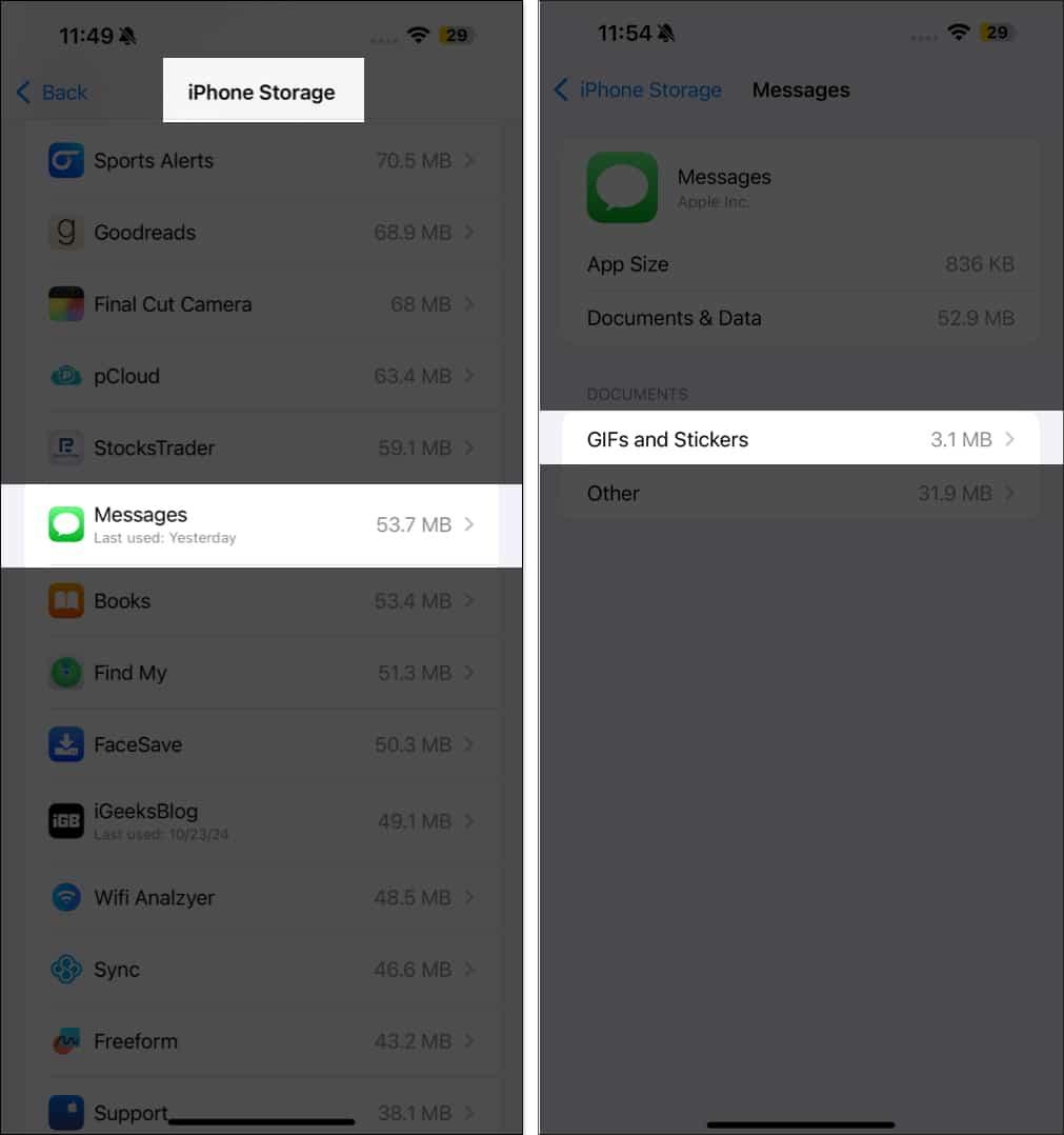 Accessing Messages app attachments on an iPhone.
