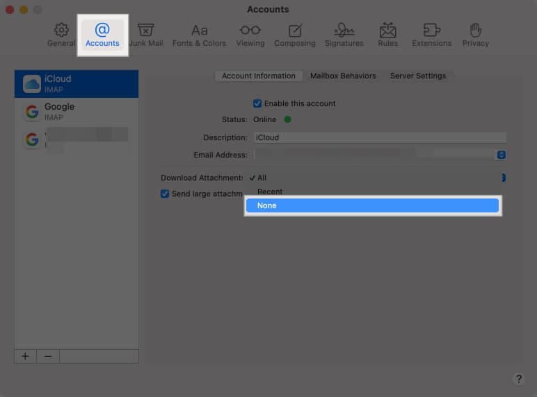 Changing Download Attachment preferences in Mail app settings on a Mac.