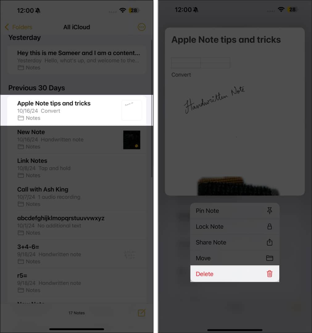 Deleting a note in Apple Notes on an iPhone.