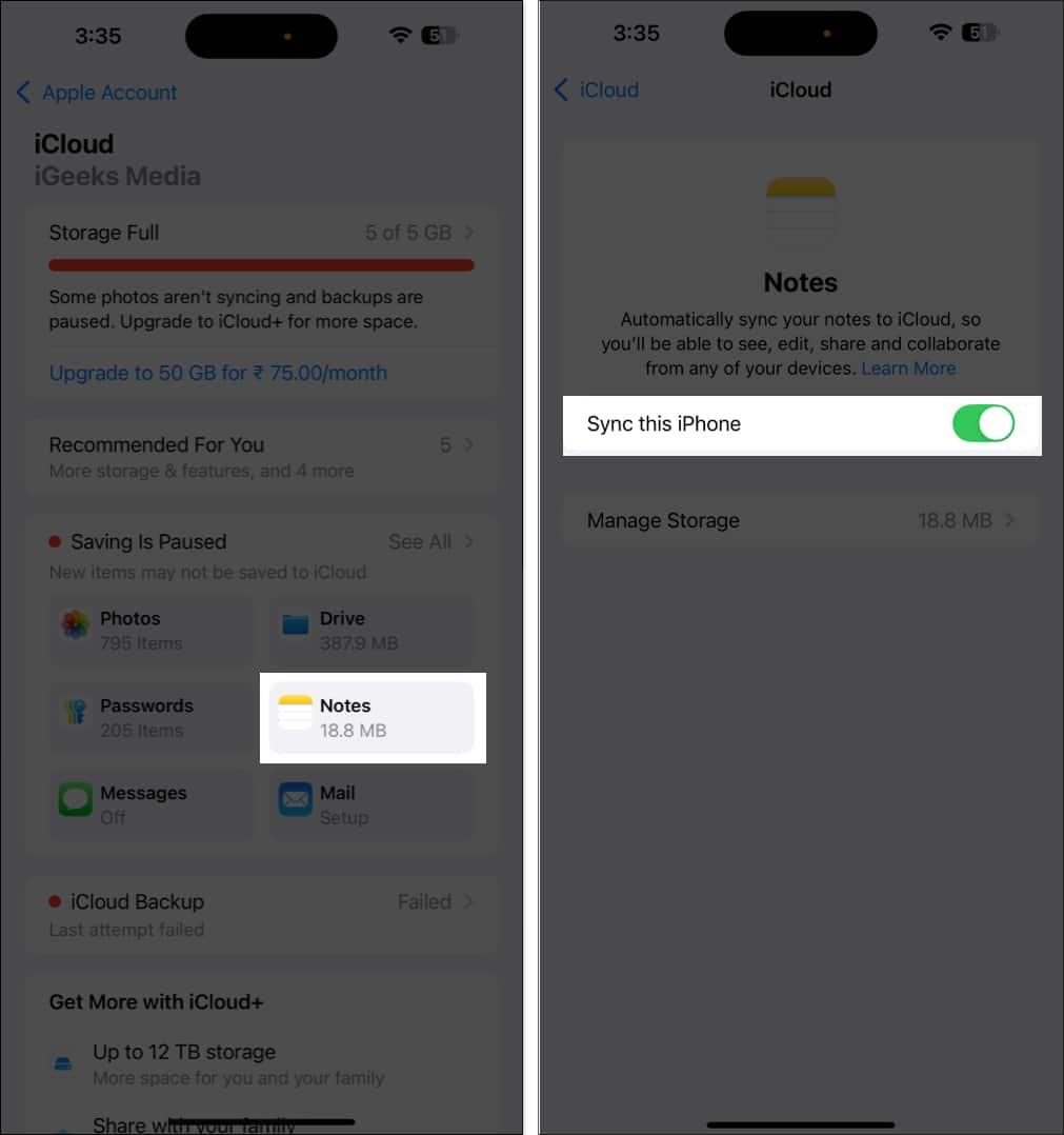 Select Notes and toggle on Sync this iPhone.