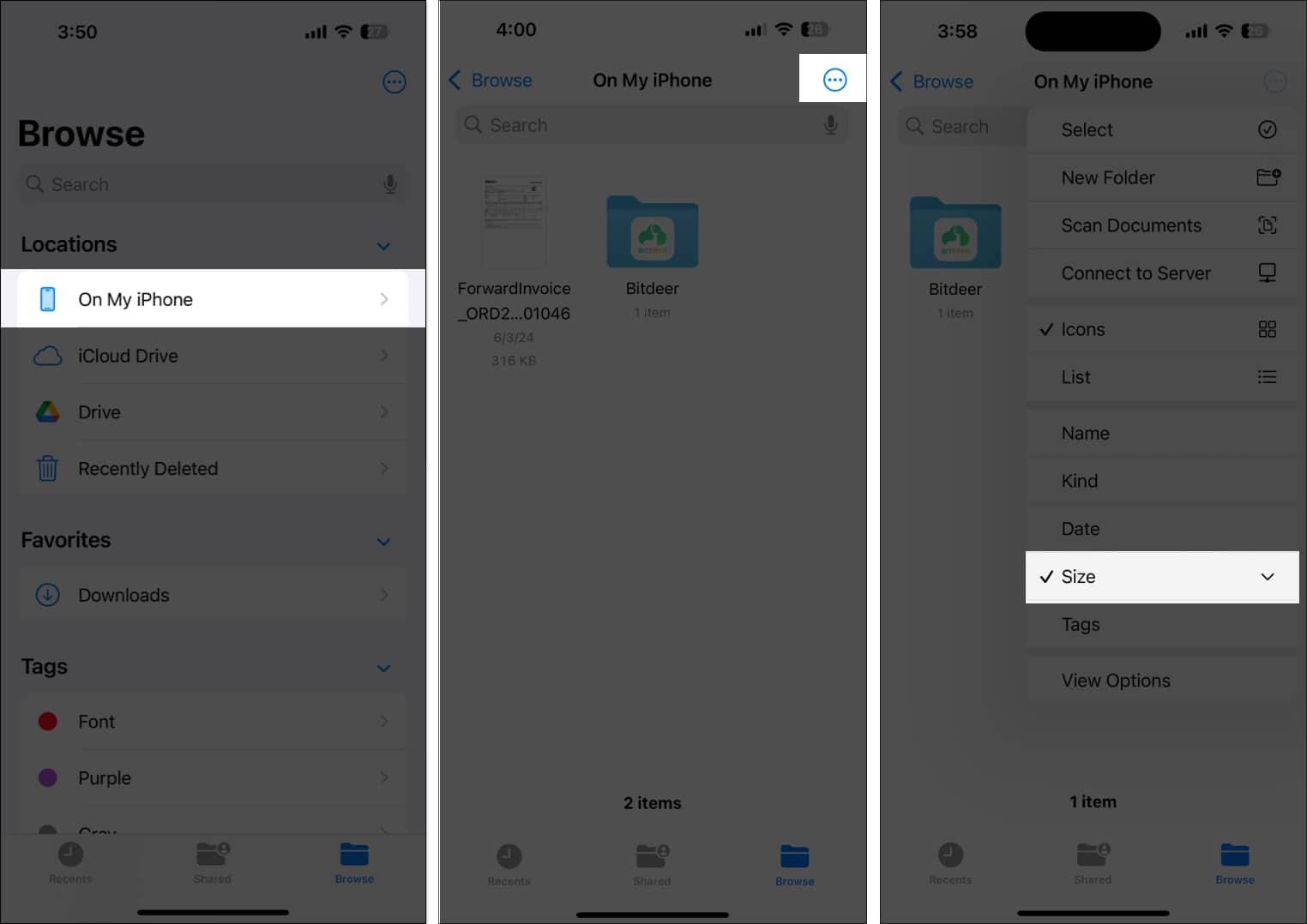 Filtering files by size in the iPhone Files app.