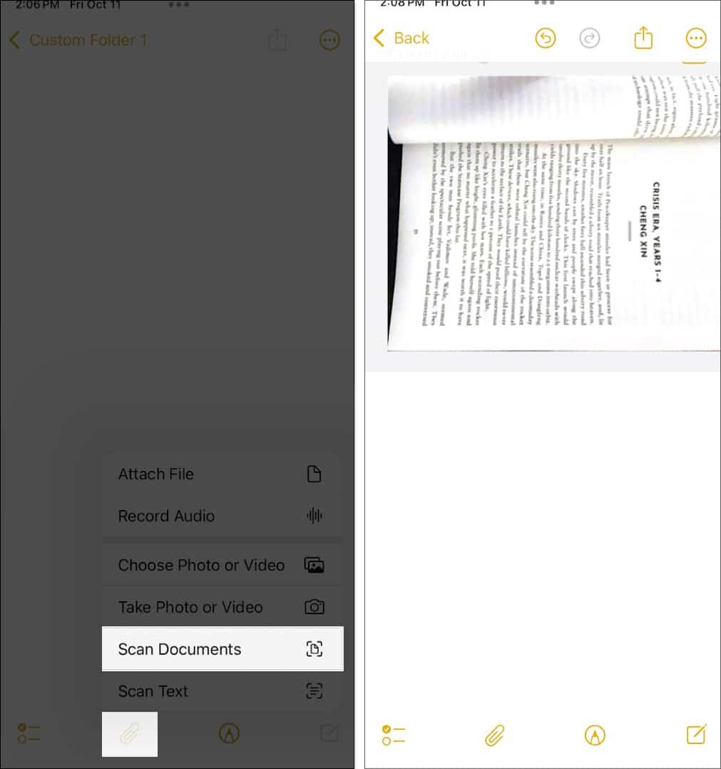 Scanning documents in the iPhone Notes app.