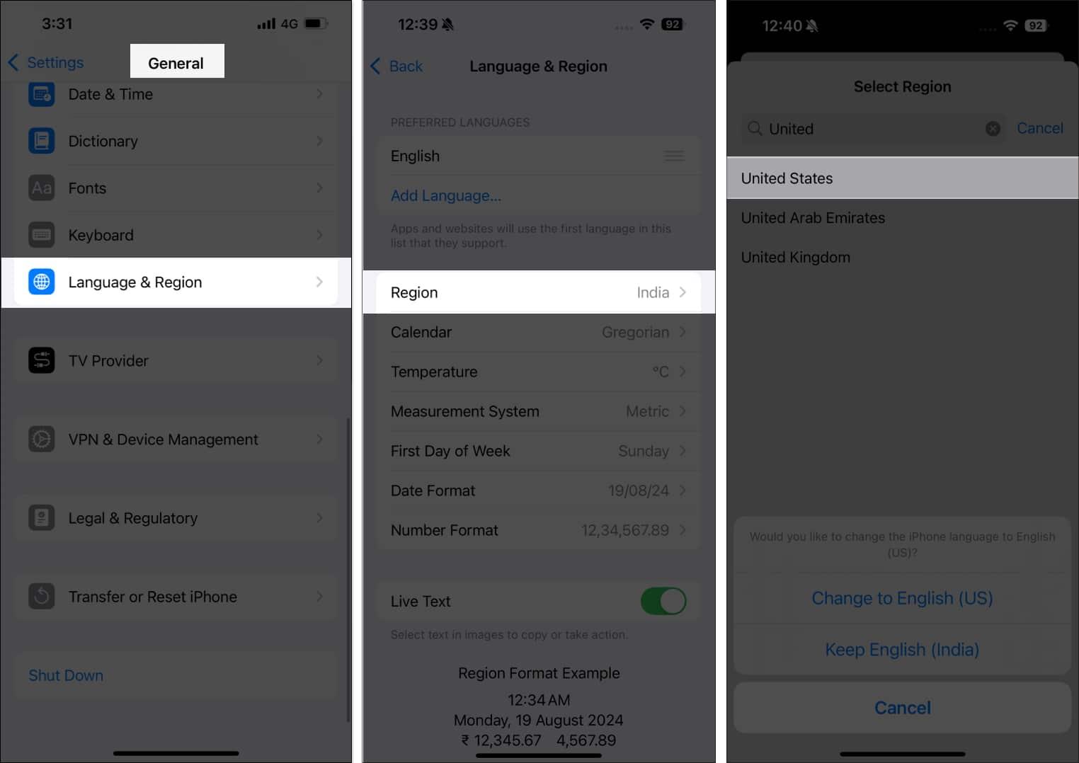 Changing iPhone region to United States.