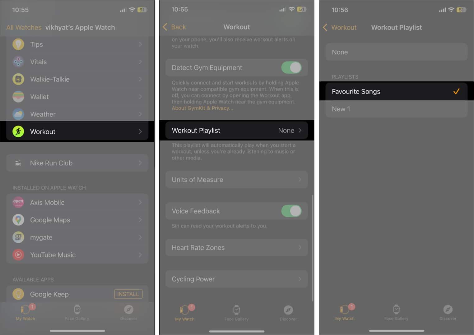 Setting up a workout playlist in the Watch app on an iPhone.