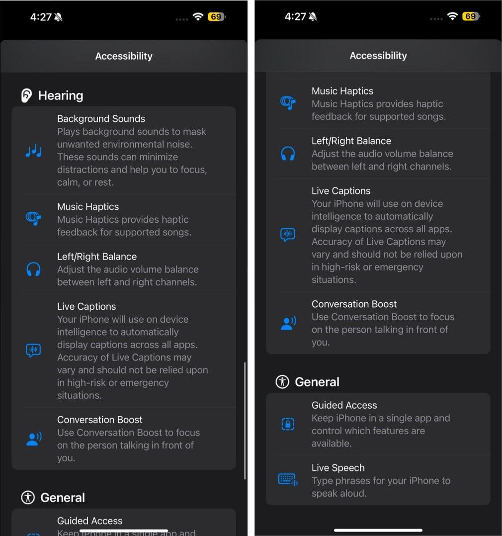 Accessibility options available for the Action Button.