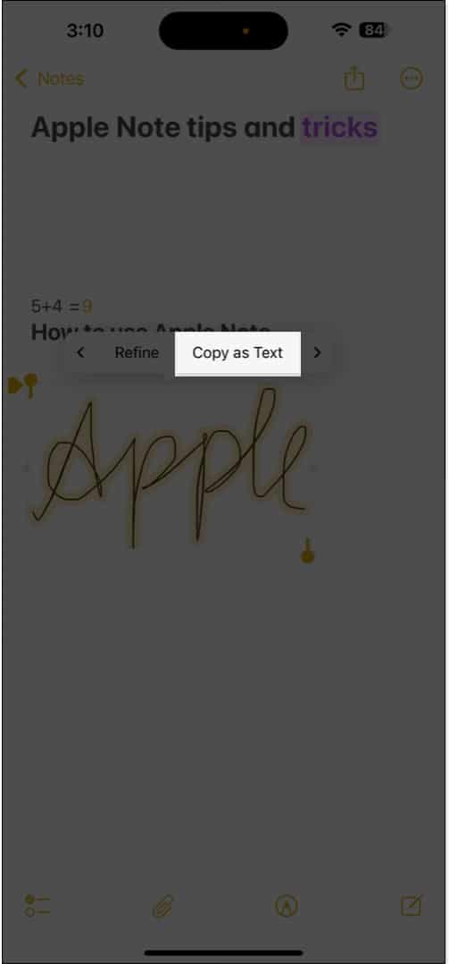 Using the Copy as Text option to copy a handwritten text in Apple Notes.