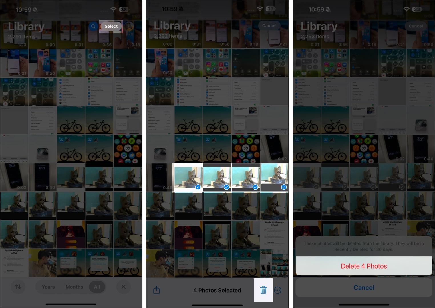Deleting photos in the iPhone Photos app.