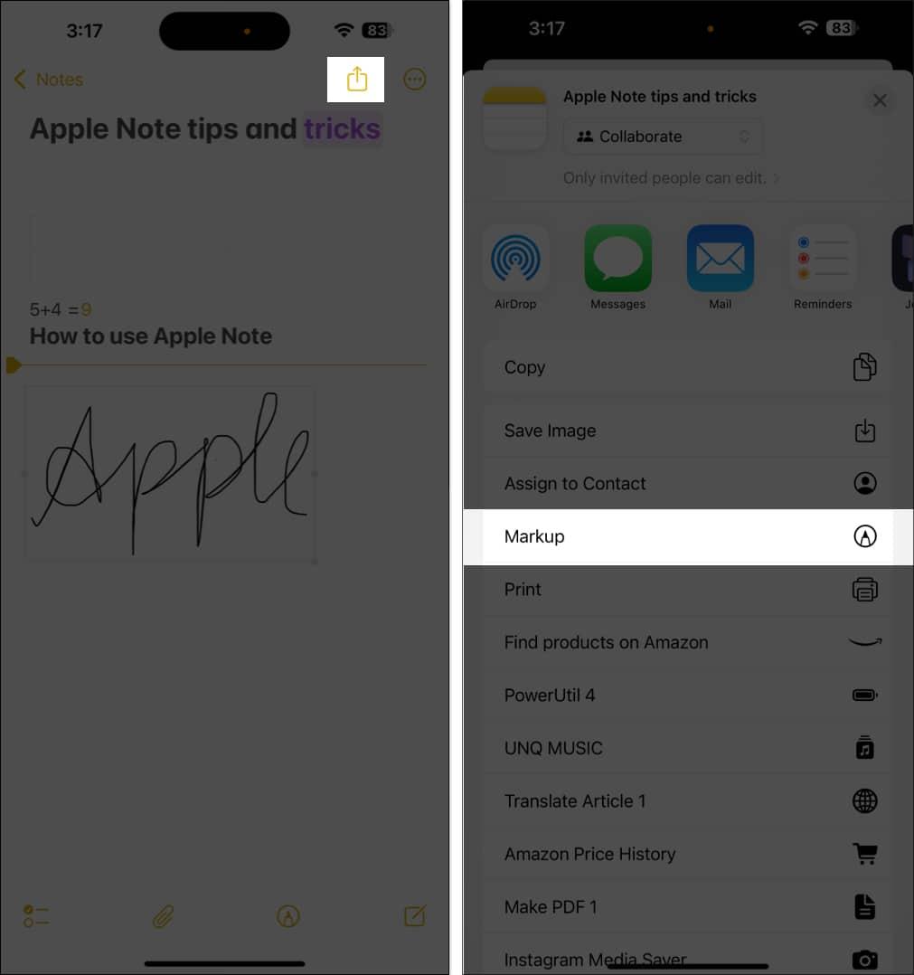 Accessing the Markup option on a note in Apple Notes.