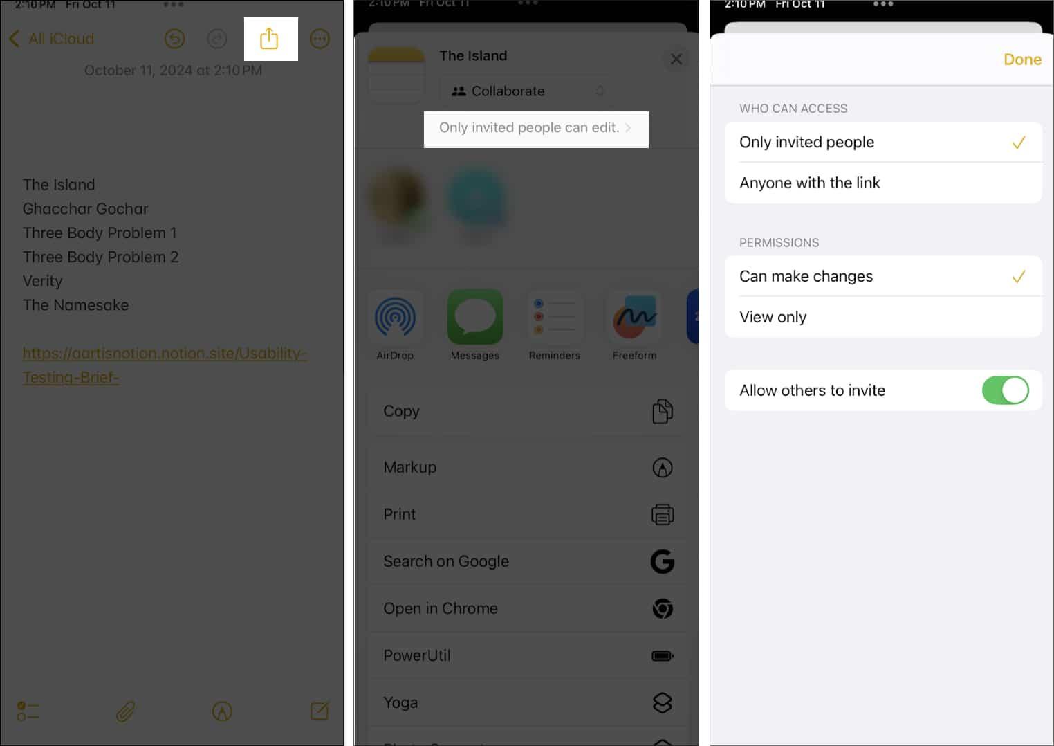 Configuring collaboration permissions for a note in the Apple Notes app before sharing it.
