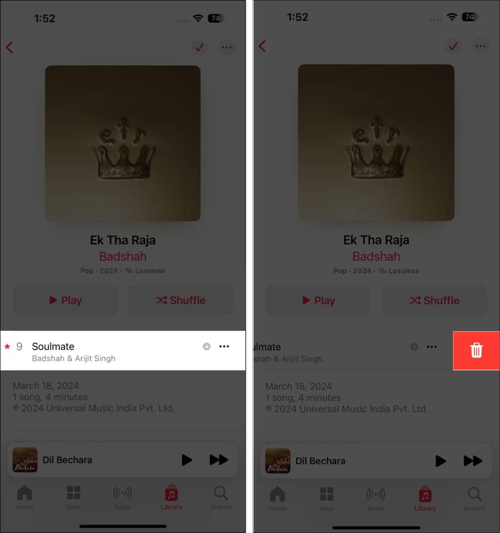 Deleting a song in Apple Music on an iPhone.