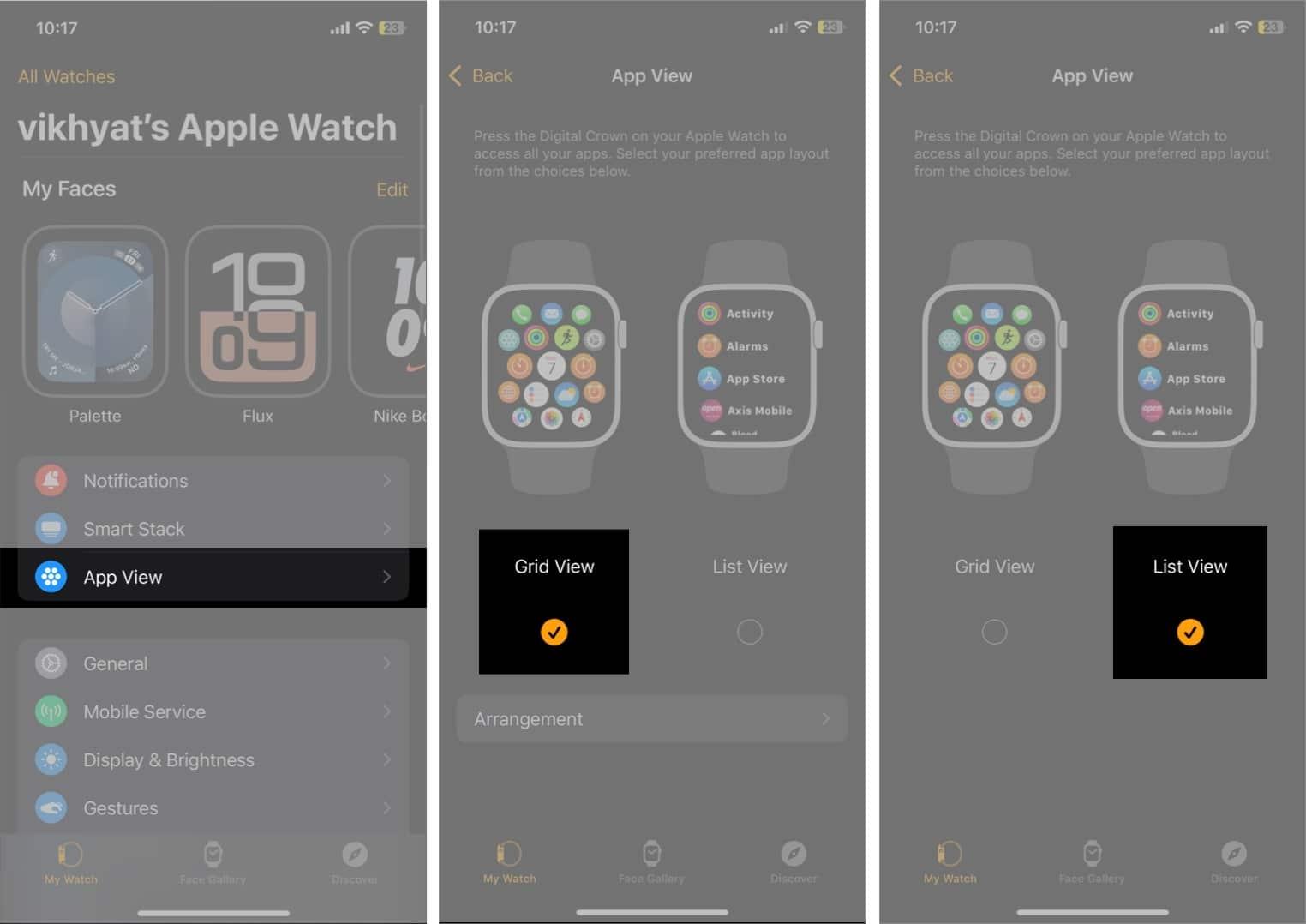 Switching from Grid View to List View in the Watch app on an iPhone.
