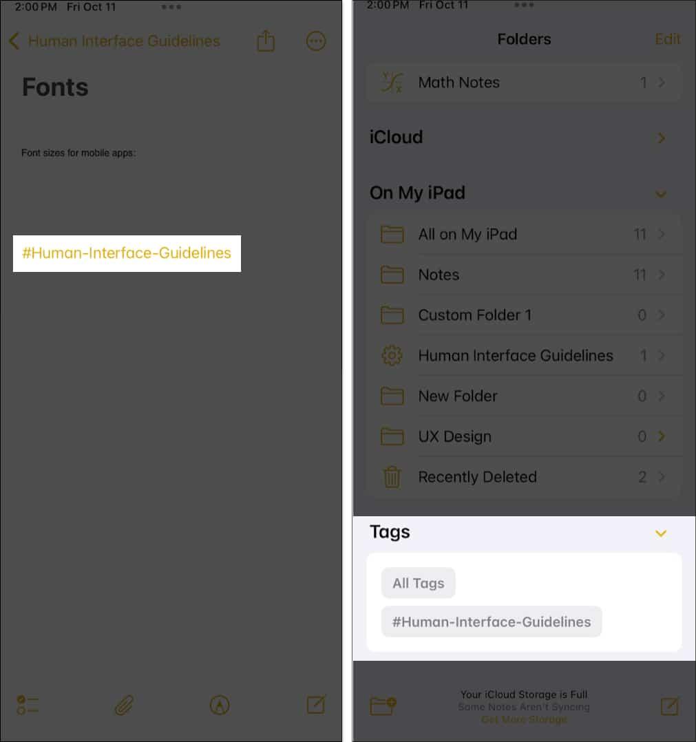 Adding a tag to a note and checking all linked notes in the Apple Notes app.