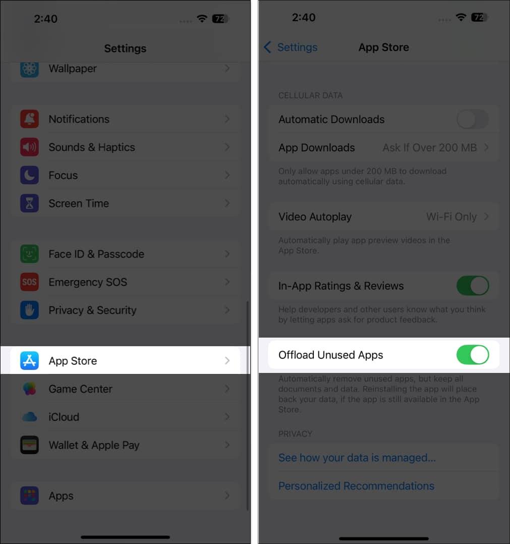 Enabling Offload Unused Apps option in iPhone Settings app.
