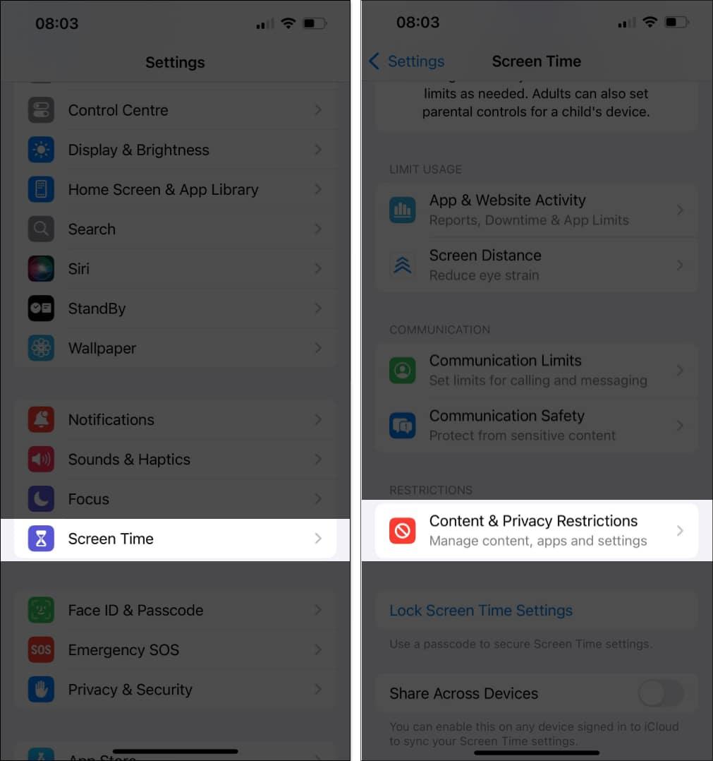 Tap on Content and Privacy Restrictions in Screen Time iPhone settings.