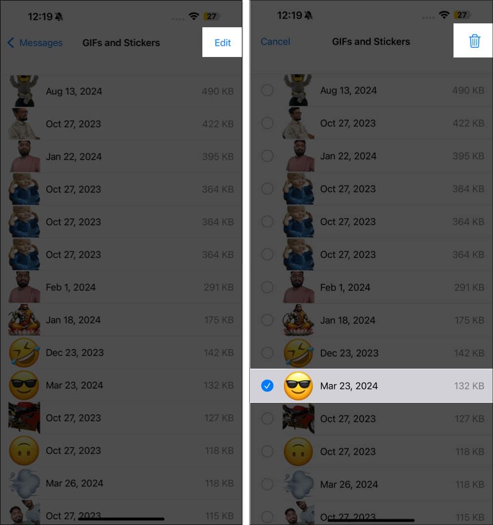 Deleting Messages app attachments on an iPhone.