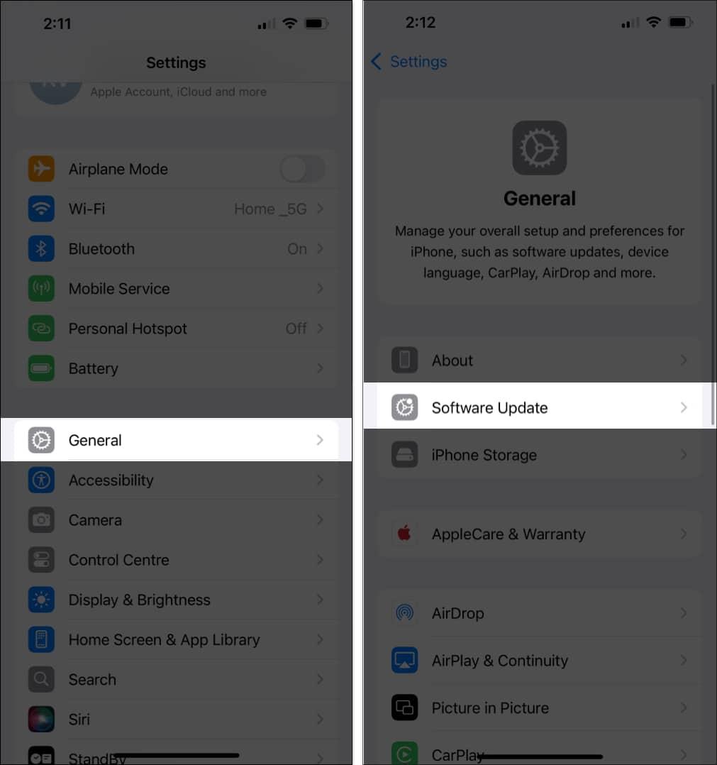 Accessing iOS updates in the iPhone Settings app.