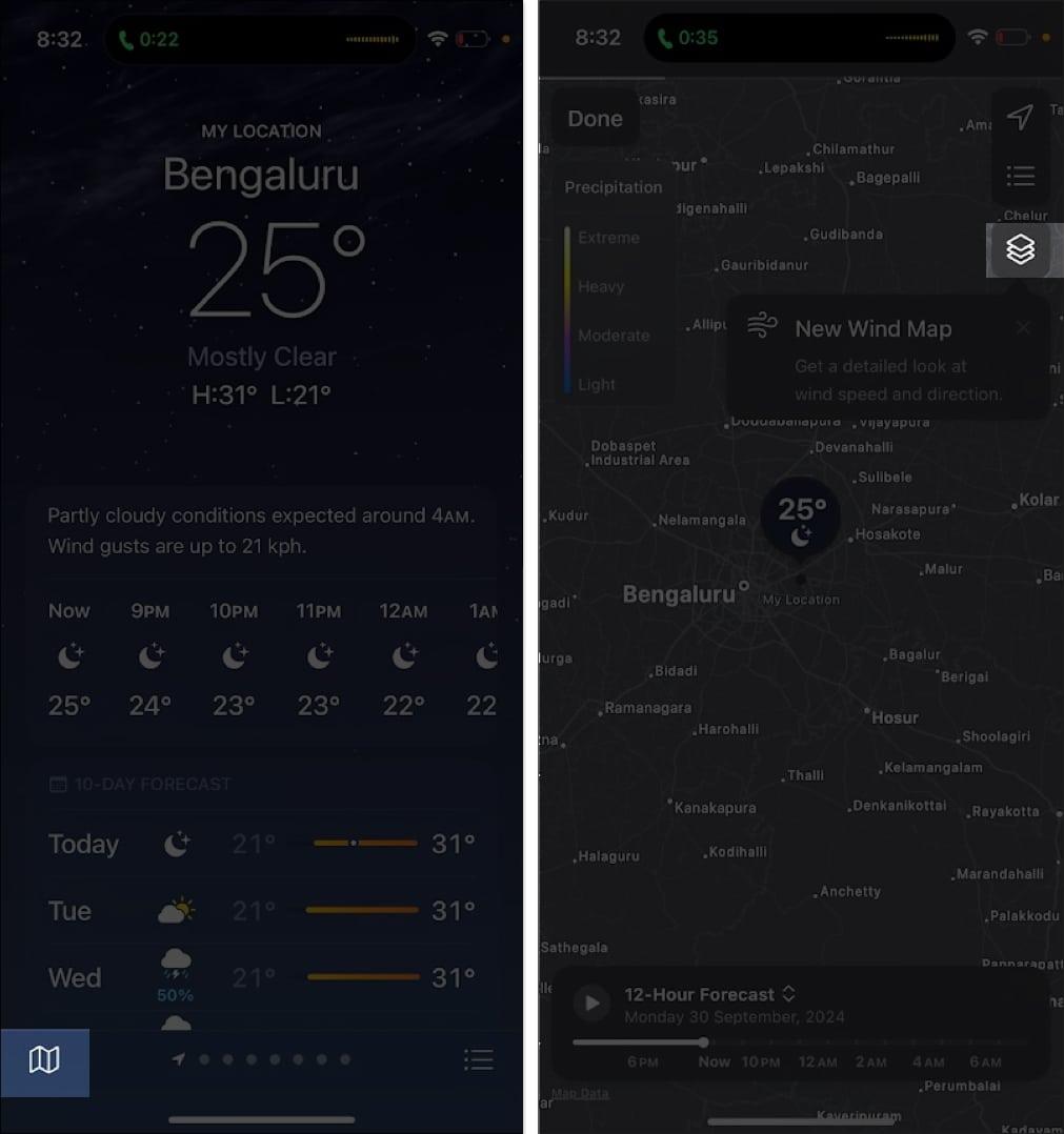 Accessing the AQI map in the Apple Weather app on an iPhone.