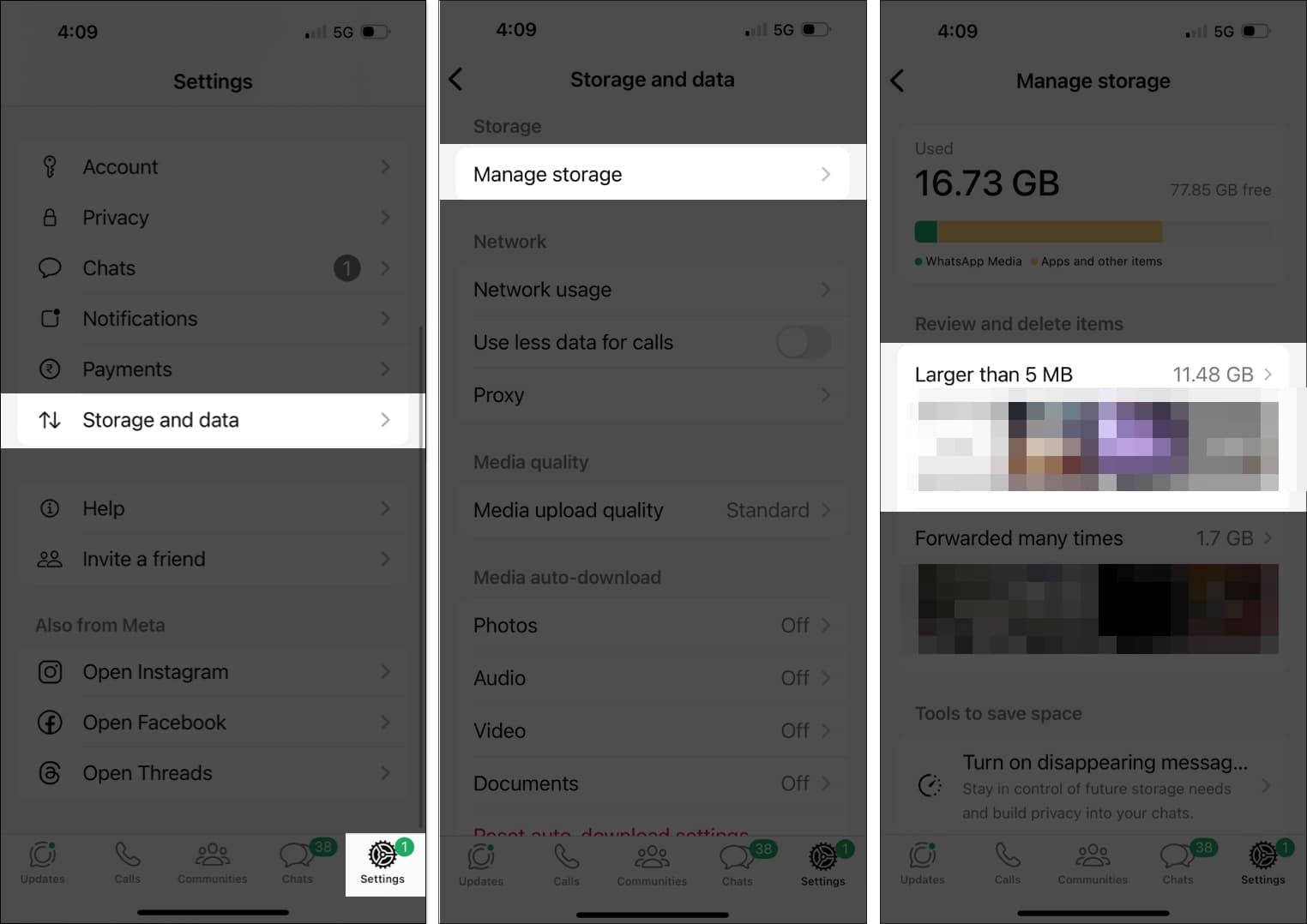 Deleting files larger than 5MB in the WhatsApp app on an iPhone.