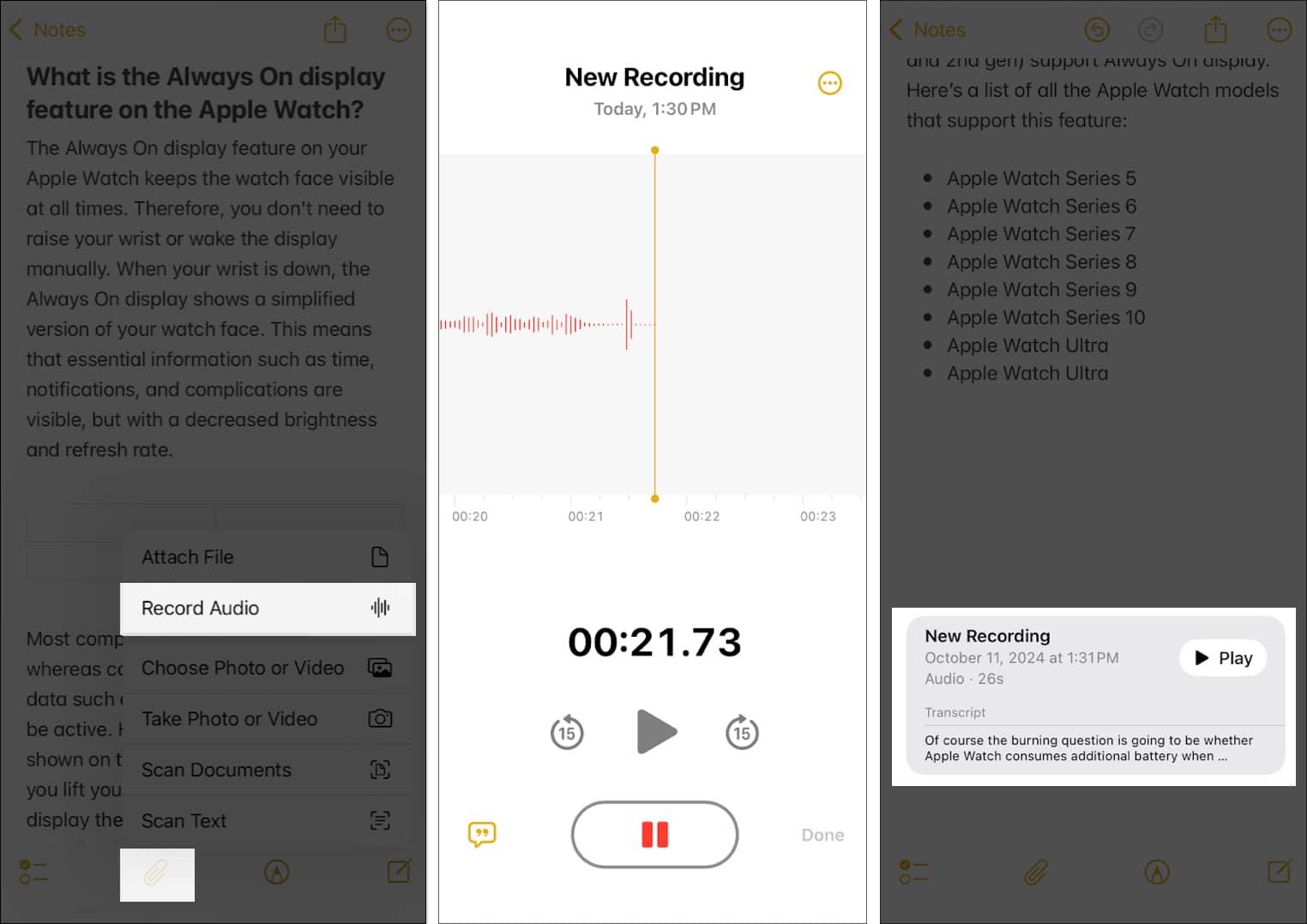 Adding a voice note to a note in Apple Notes and seeing its transcript.
