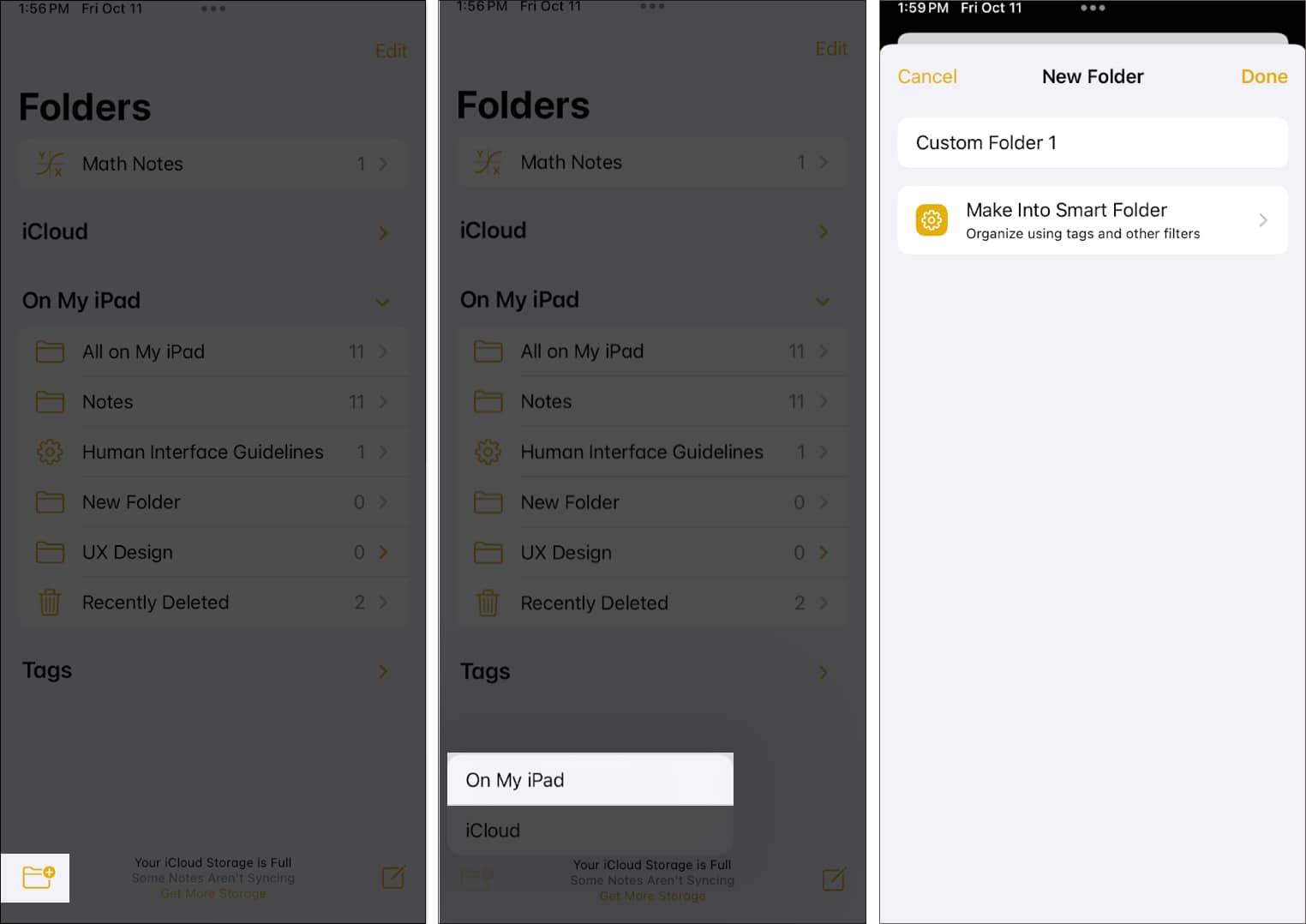 Creating a folder in the Apple Notes app.