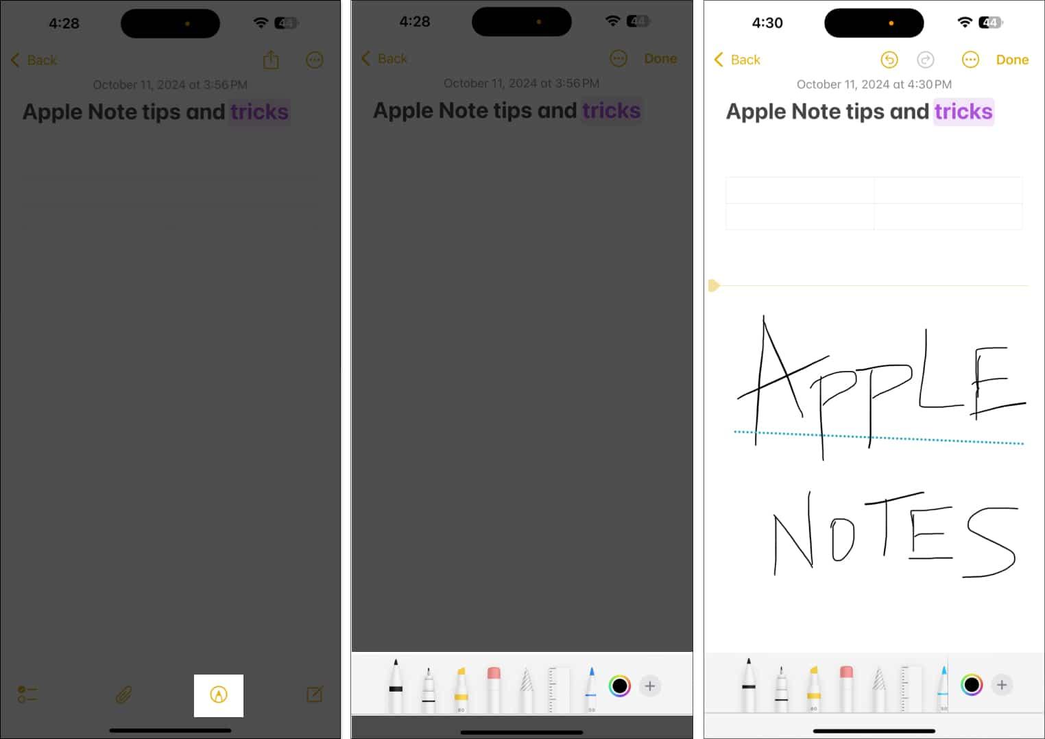 Doodling in a note in the Apple Notes app on an iPhone.