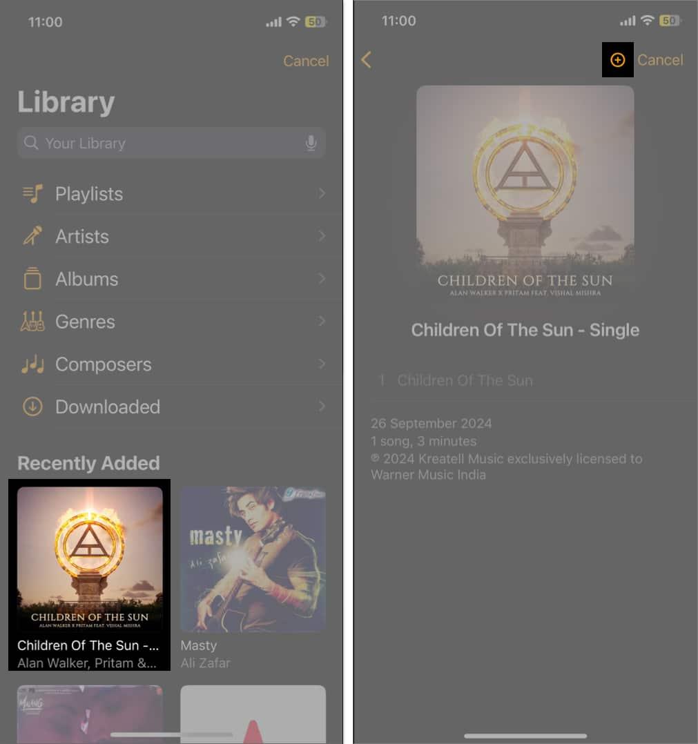 Choosing the songs to add to the Apple Watch on an iPhone.