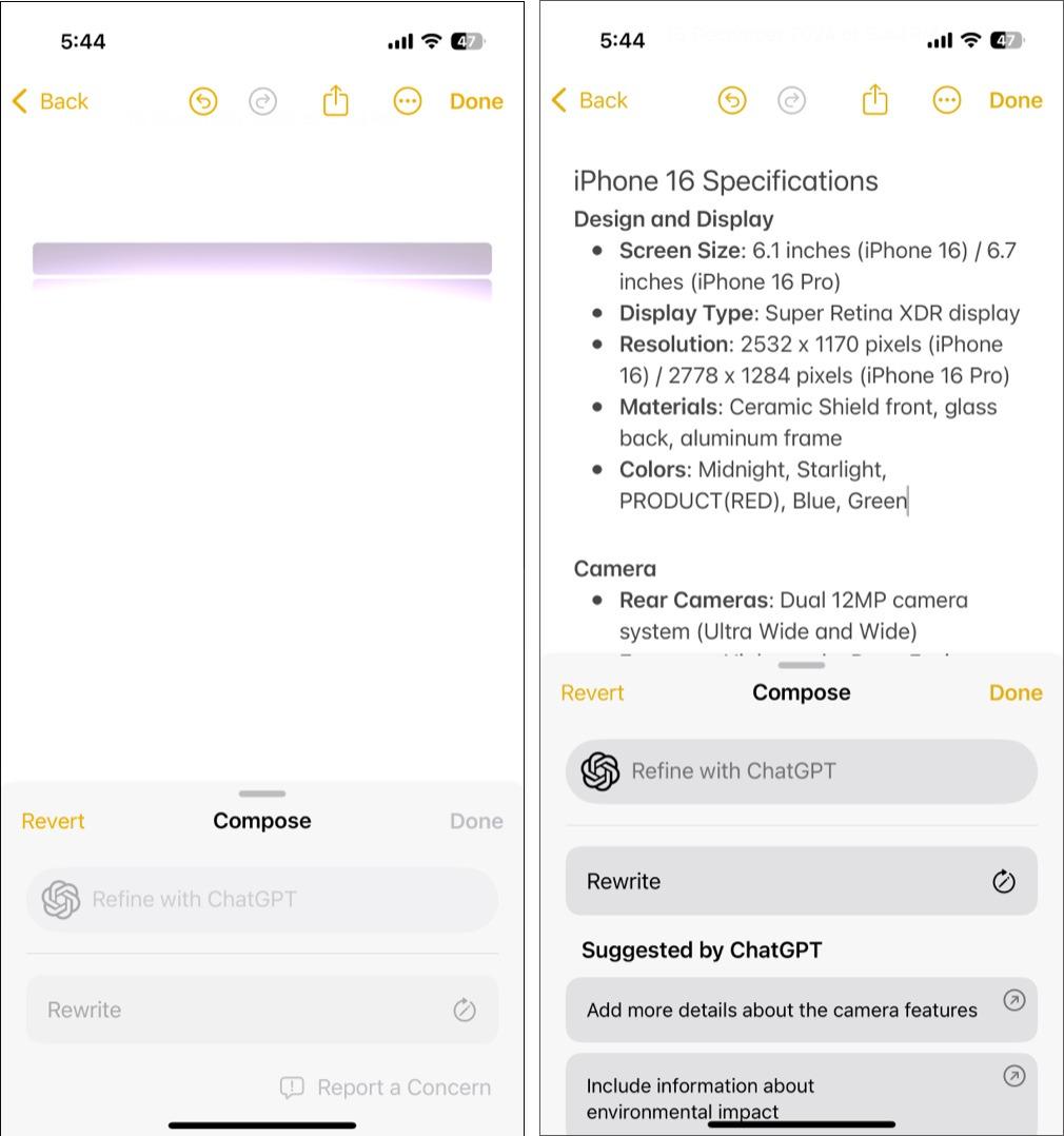 Tap the Rewrite tab to refine text or select a ChatGPT suggestion to enhance it.
