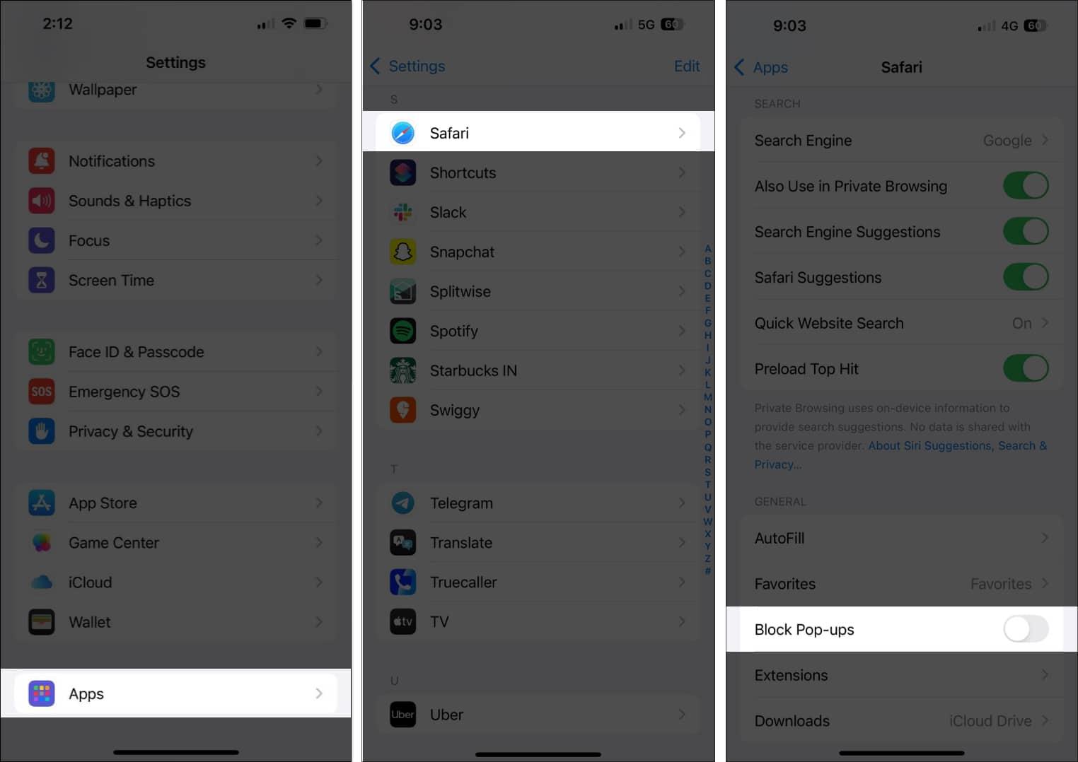 Toggling off the Block Pop-ups option in Safari settings to allow websites pop-ups on an iPhone.