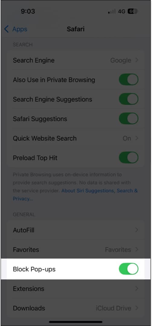 Toggling on Block Pop-ups option in iPhone Settings to disable website pop-ups in Safari.