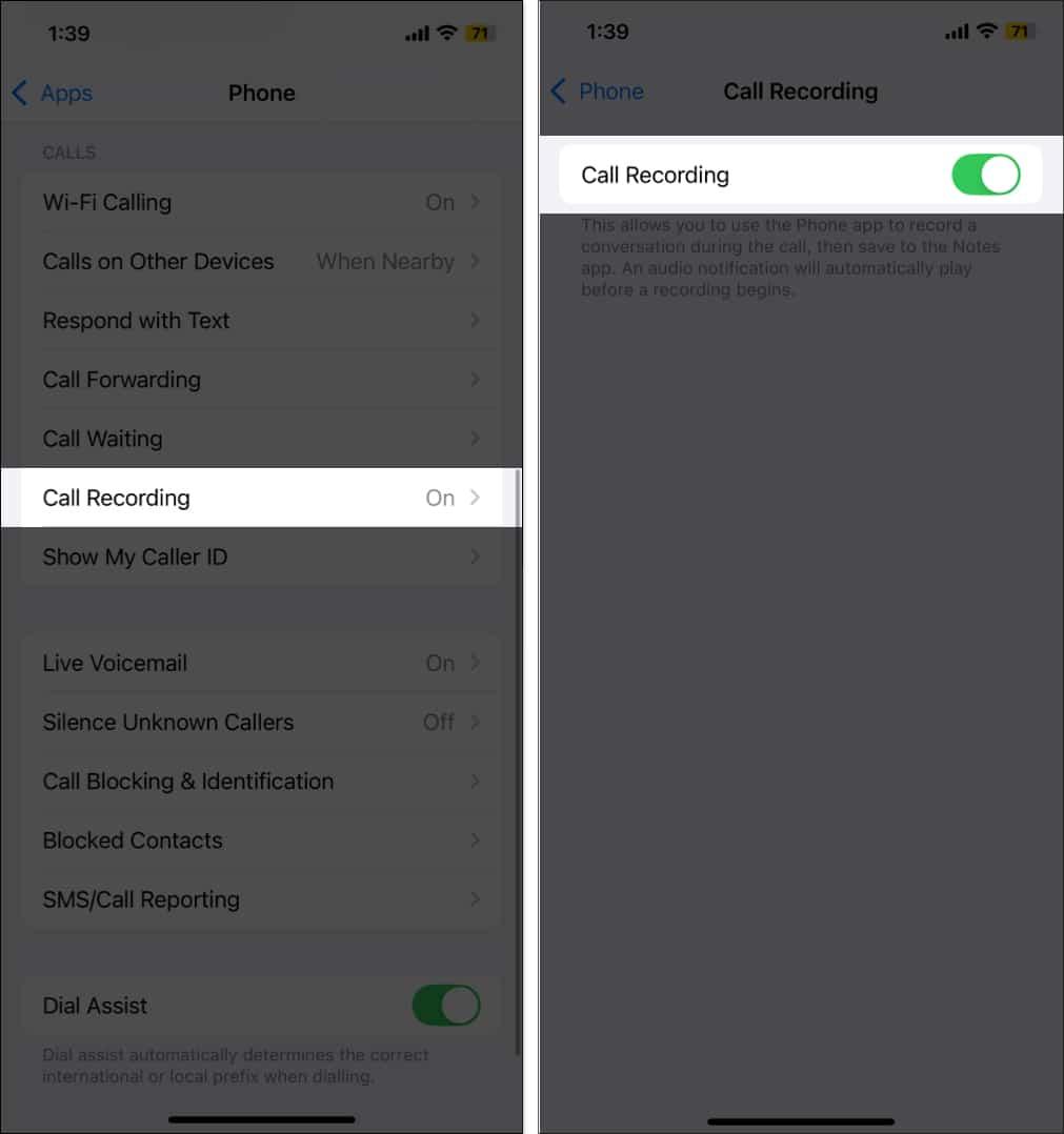 Toggling on the Call Recording feature on iPhone in iOS 18.1.