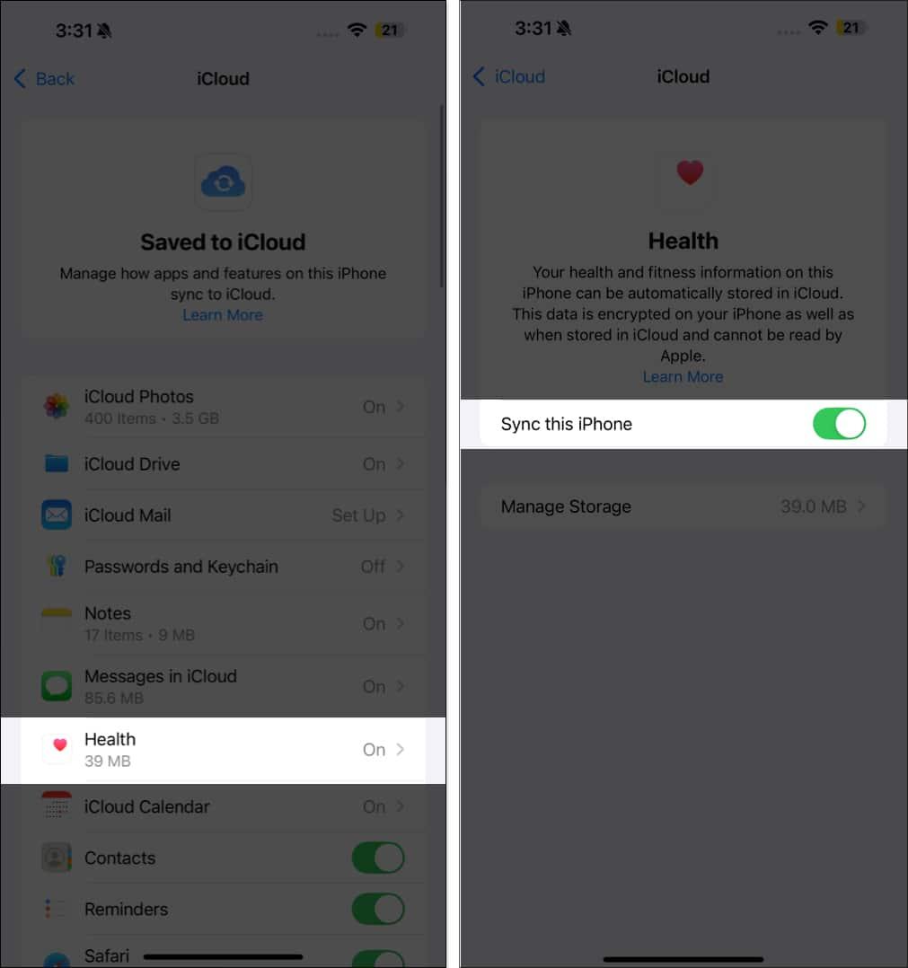 Enabling iCloud sync for the Health app on an iPhone.