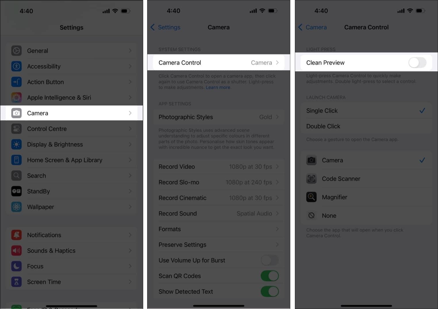 Turn off Camera Control Clean Preview on iPhone 16.