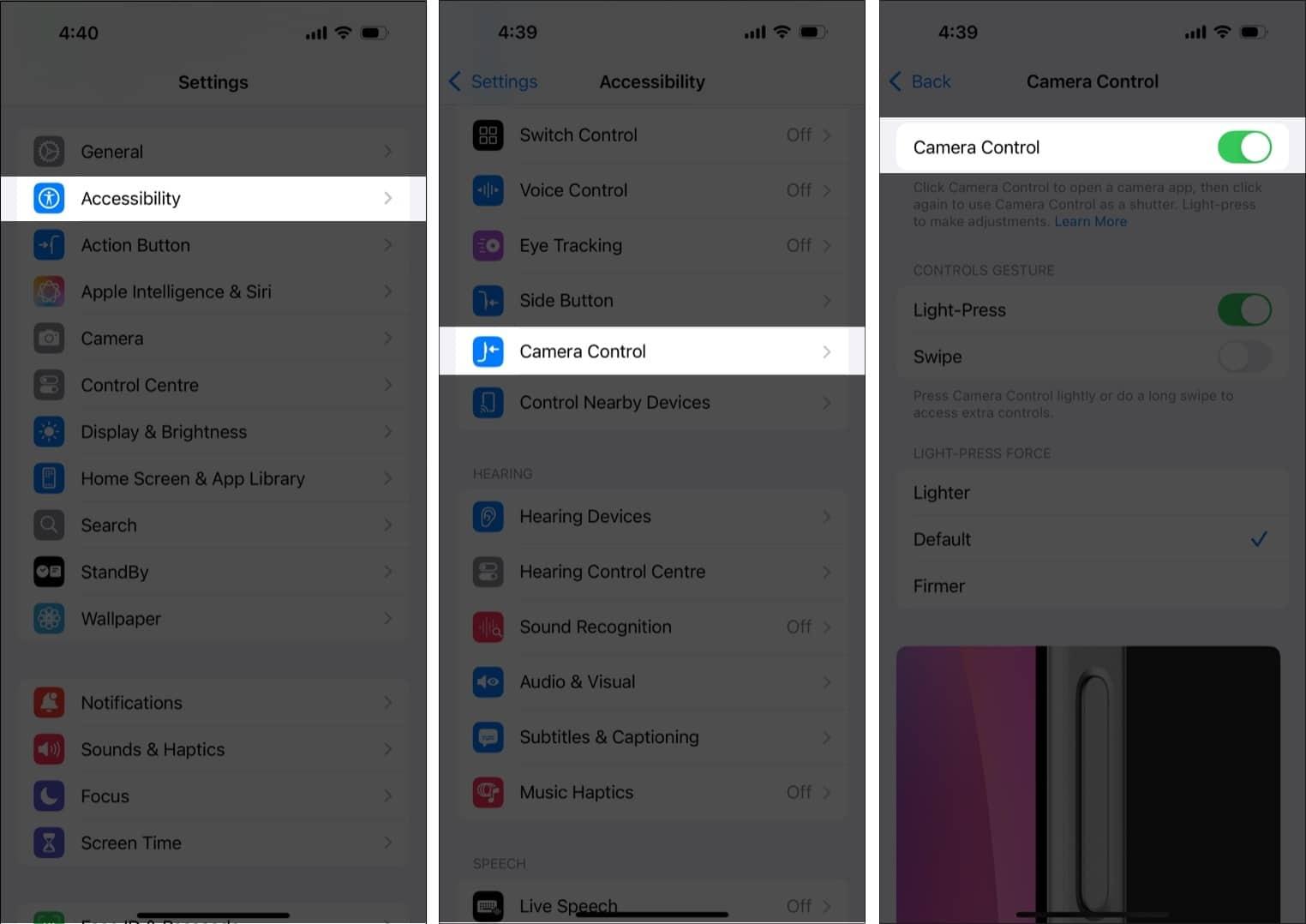 Turn off iPhone 16 Camera Control button.
