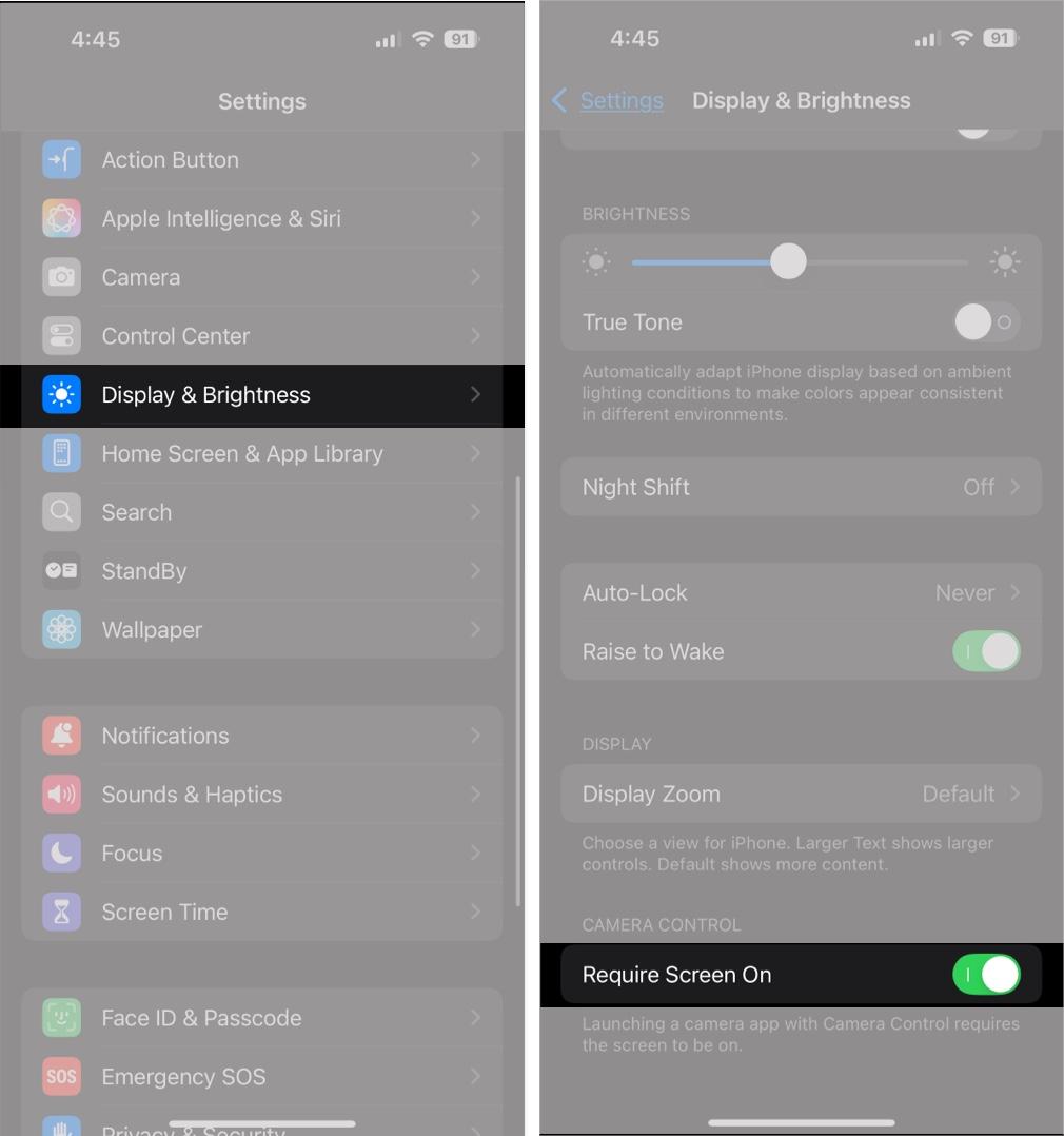 Turn on Require Screen On on iPhone 16.