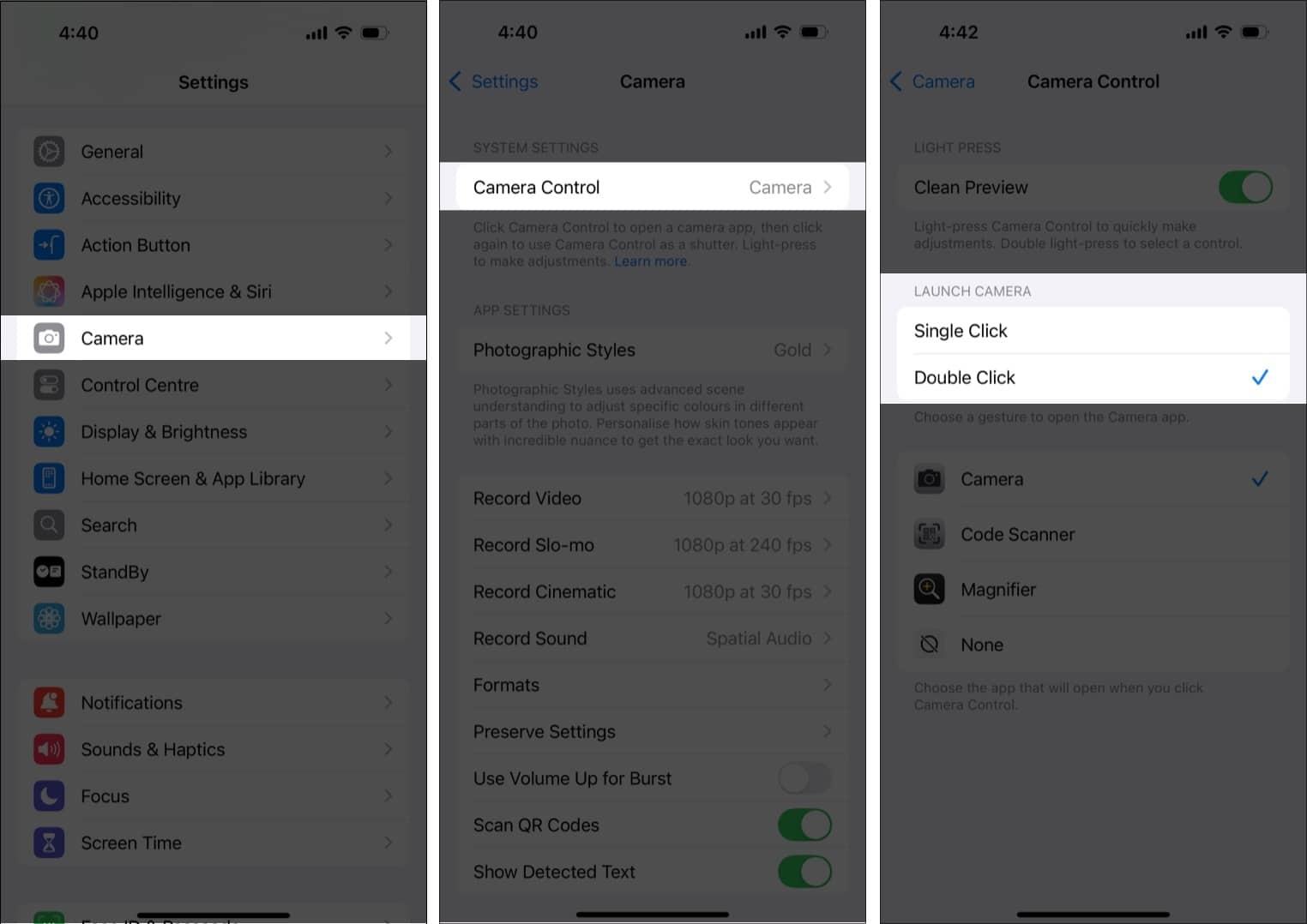 change iPhone 16 Camera Control Launch Camera gesture.