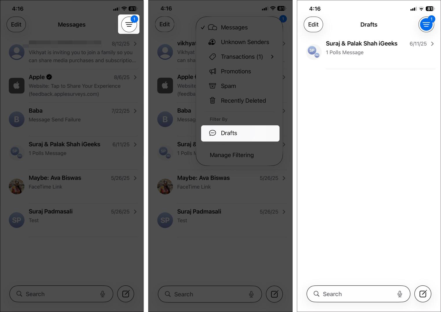 How to find Saved Message Drafts 
