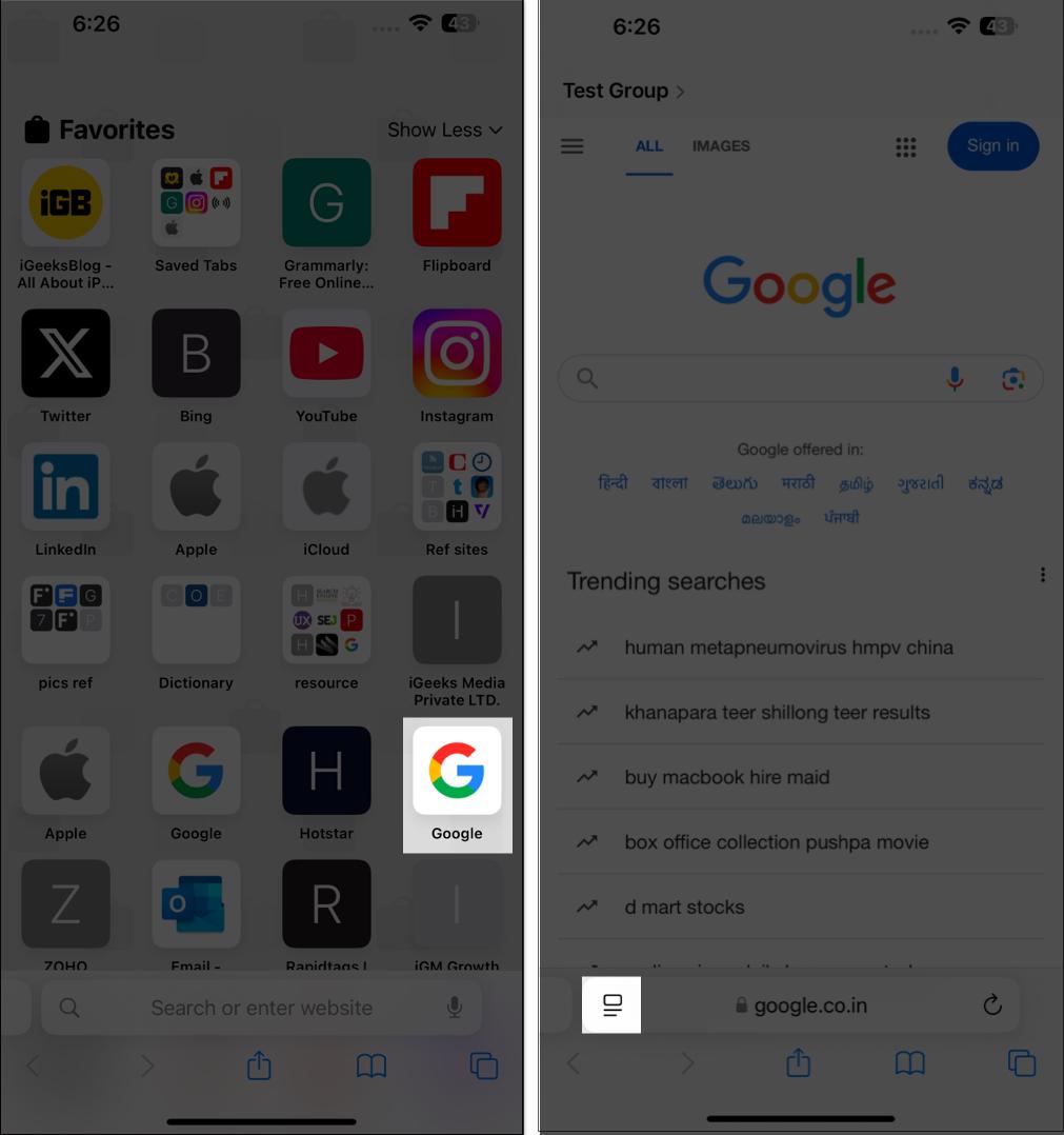 Open Google in Safari and tap on reader mode icon.