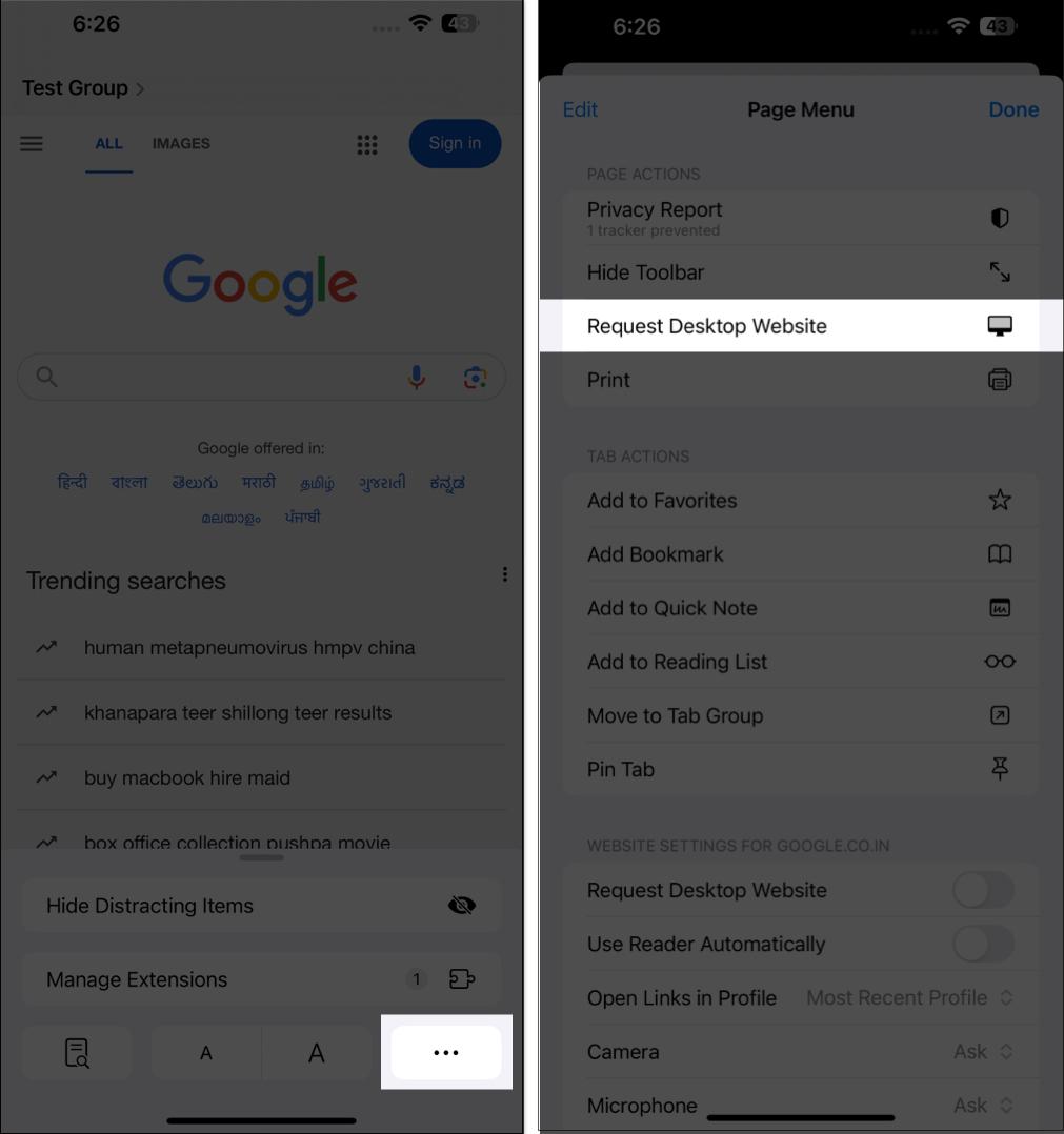 Select Request Desktop Website option.