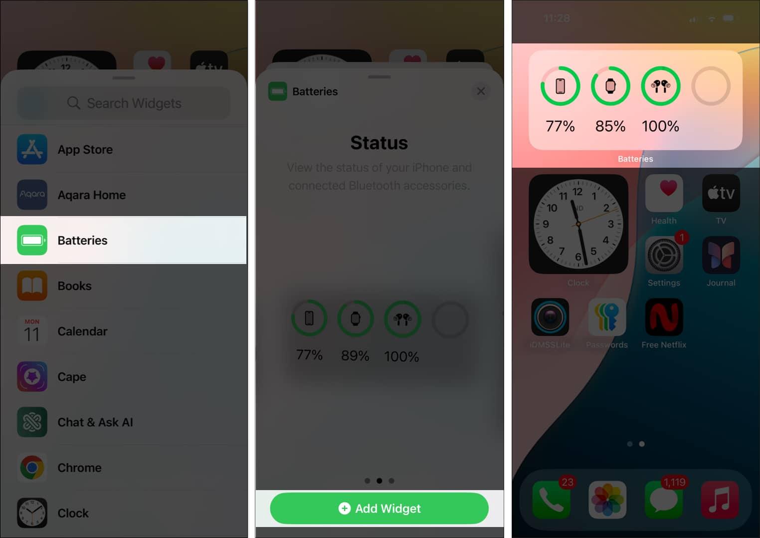 Adding the Batteries widget to iPhone Home Screen for checking AirPods battery levels.
