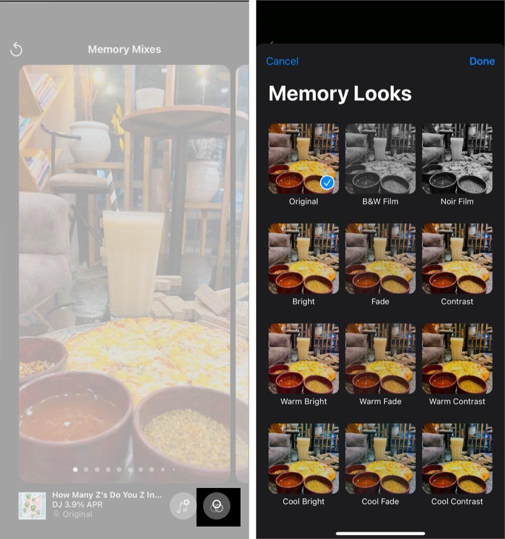 Applying filter to a memory movie in the Photos app.
